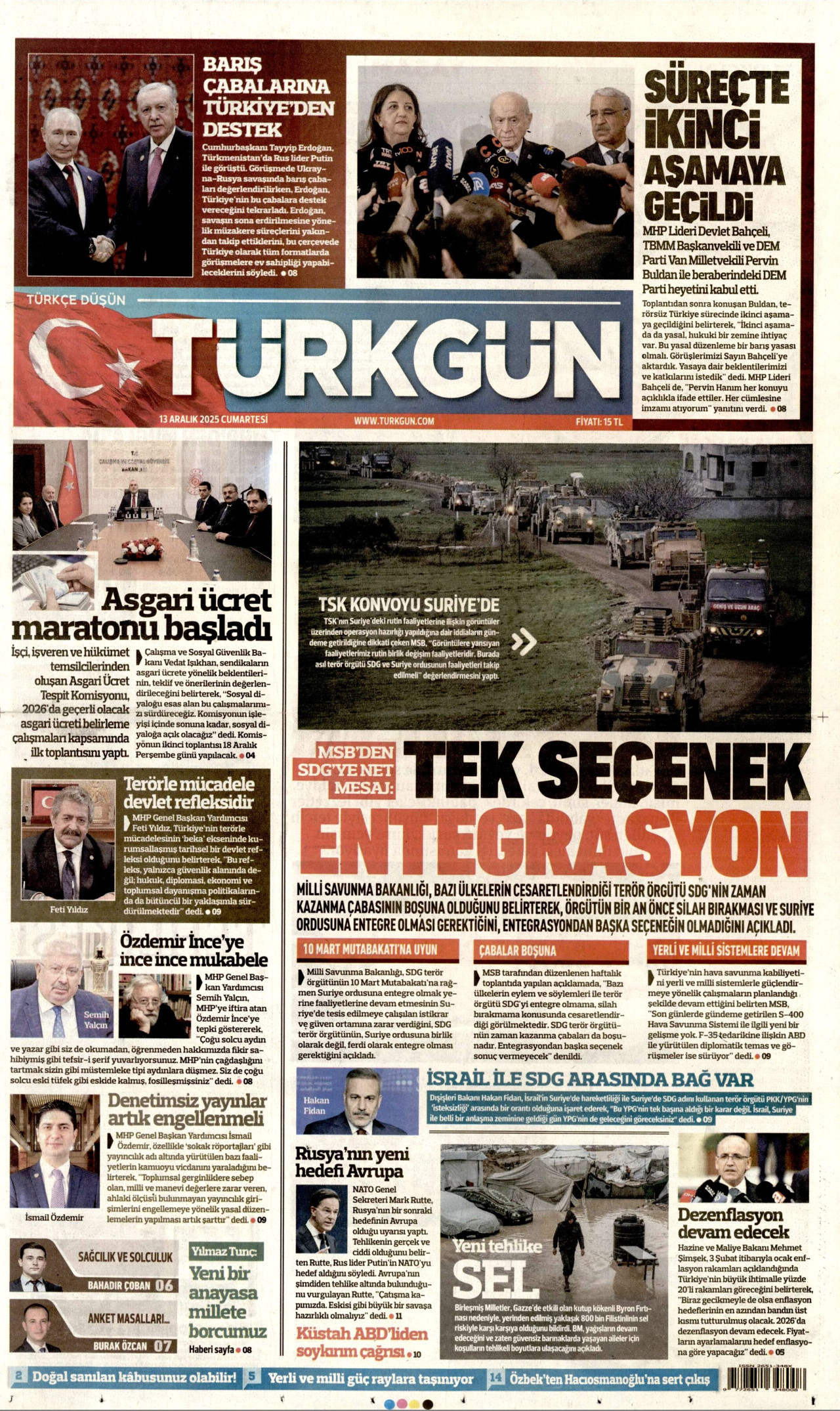 TÜRKGÜN gazetesinin 13 Aralık 2025 tarihli birinci sayfası