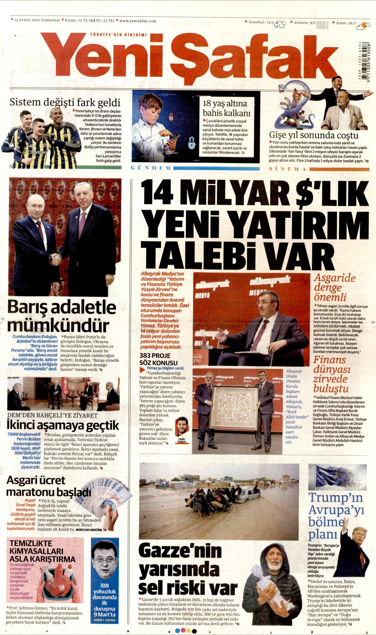 YENİ ŞAFAK gazetesinin 13 Aralık 2025 tarihli birinci sayfası
