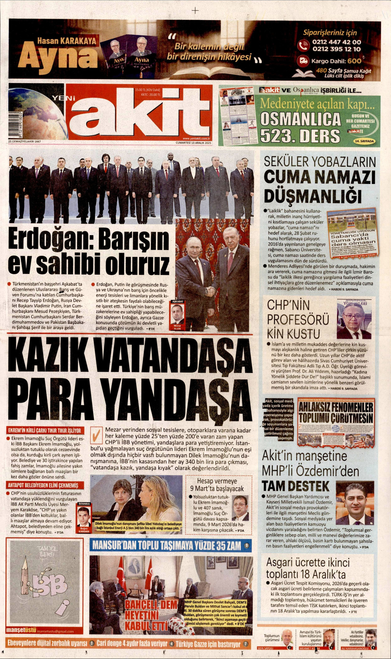 YENİ AKİT gazetesinin 13 Aralık 2025 tarihli birinci sayfası