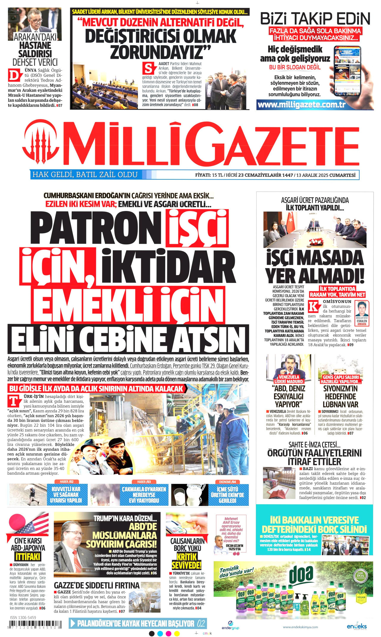 MİLLİ GAZETE gazetesinin 13 Aralık 2025 tarihli birinci sayfası