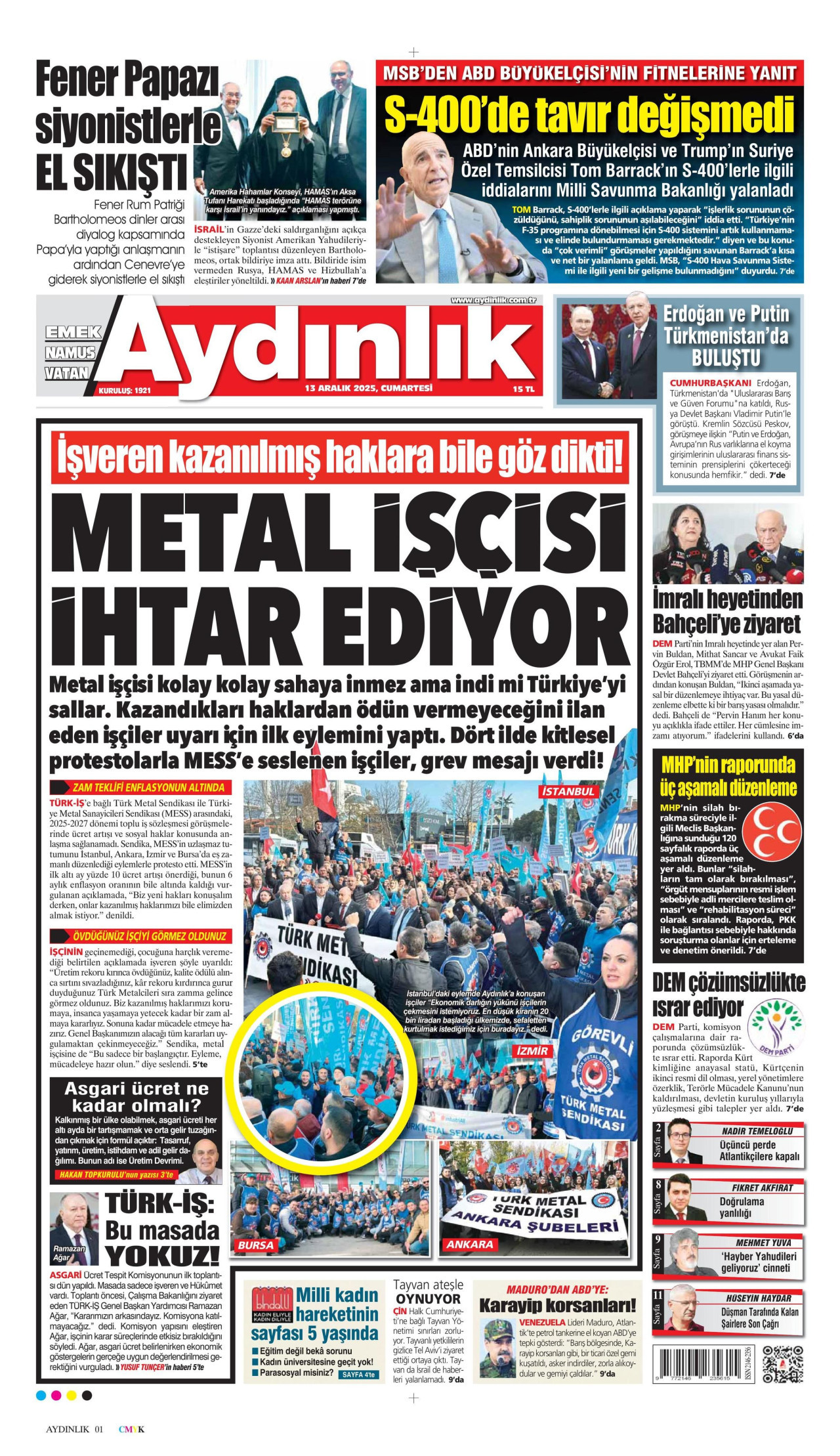 AYDINLIK GAZETESİ gazetesinin 13 Aralık 2025 tarihli birinci sayfası