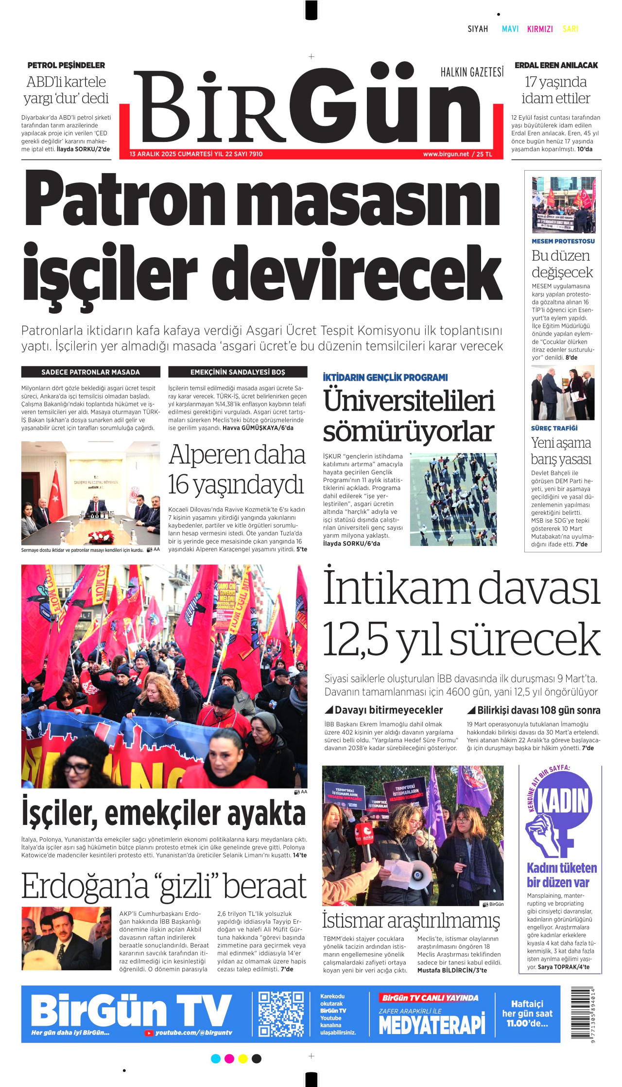 BİRGÜN gazetesinin 13 Aralık 2025 tarihli birinci sayfası
