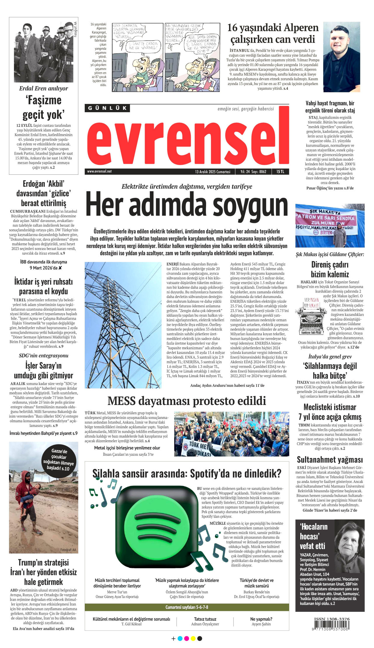 EVRENSEL gazetesinin 13 Aralık 2025 tarihli birinci sayfası