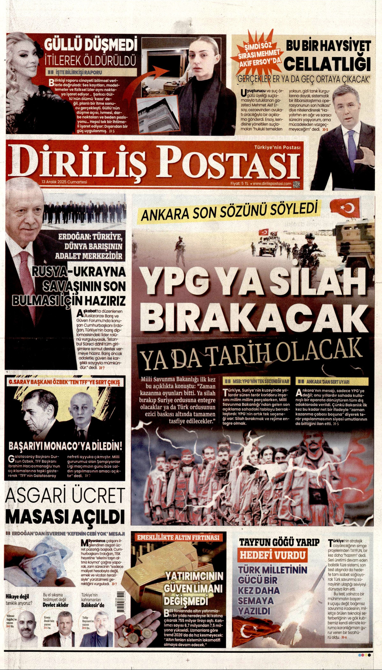 DİRİLİŞ POSTASI gazetesinin 13 Aralık 2025 tarihli birinci sayfası