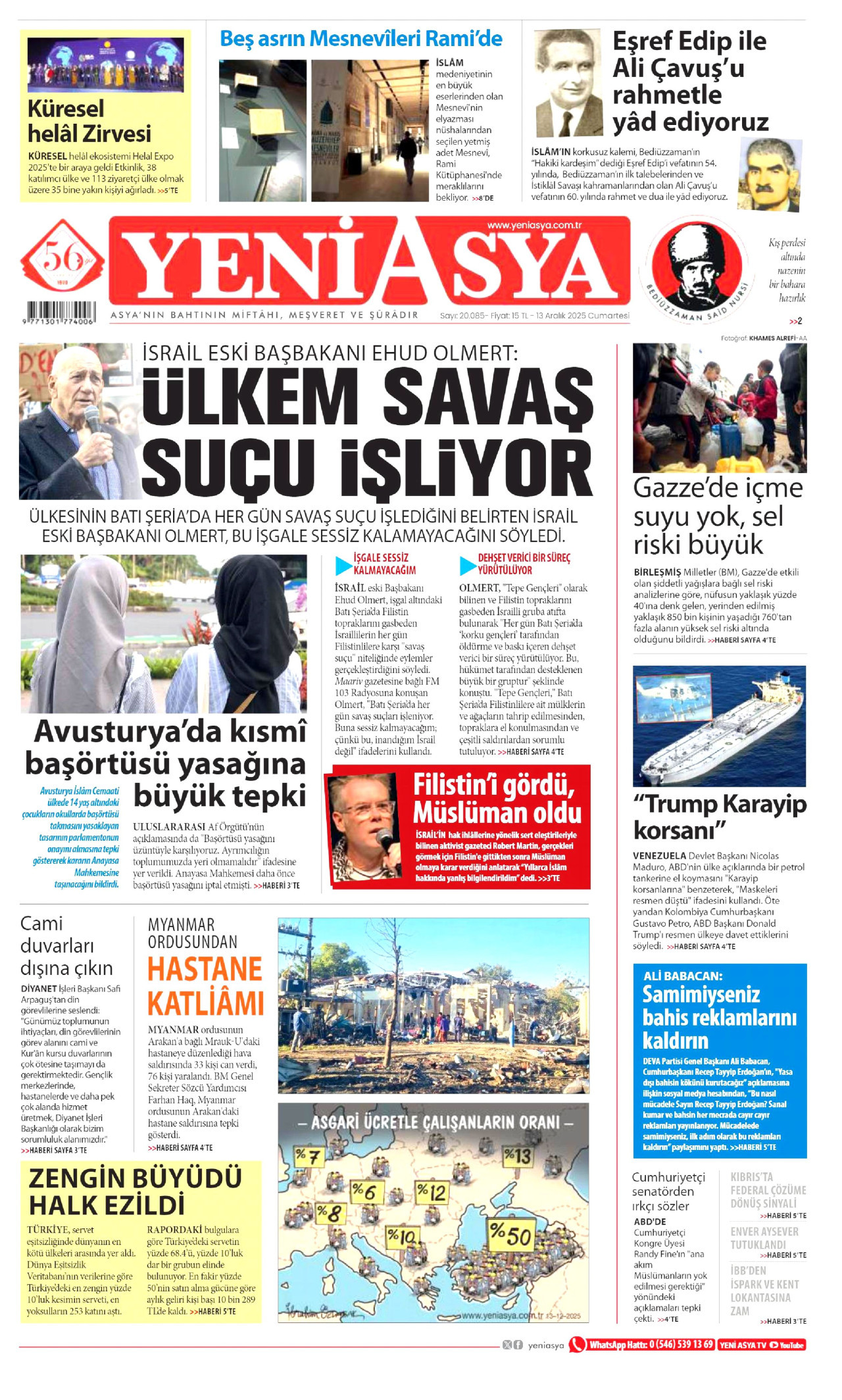 YENİ ASYA gazetesinin 13 Aralık 2025 tarihli birinci sayfası
