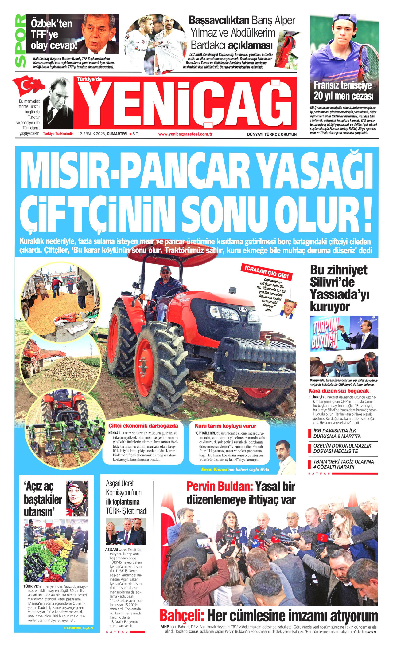 YENİÇAĞ gazetesinin 13 Aralık 2025 tarihli birinci sayfası