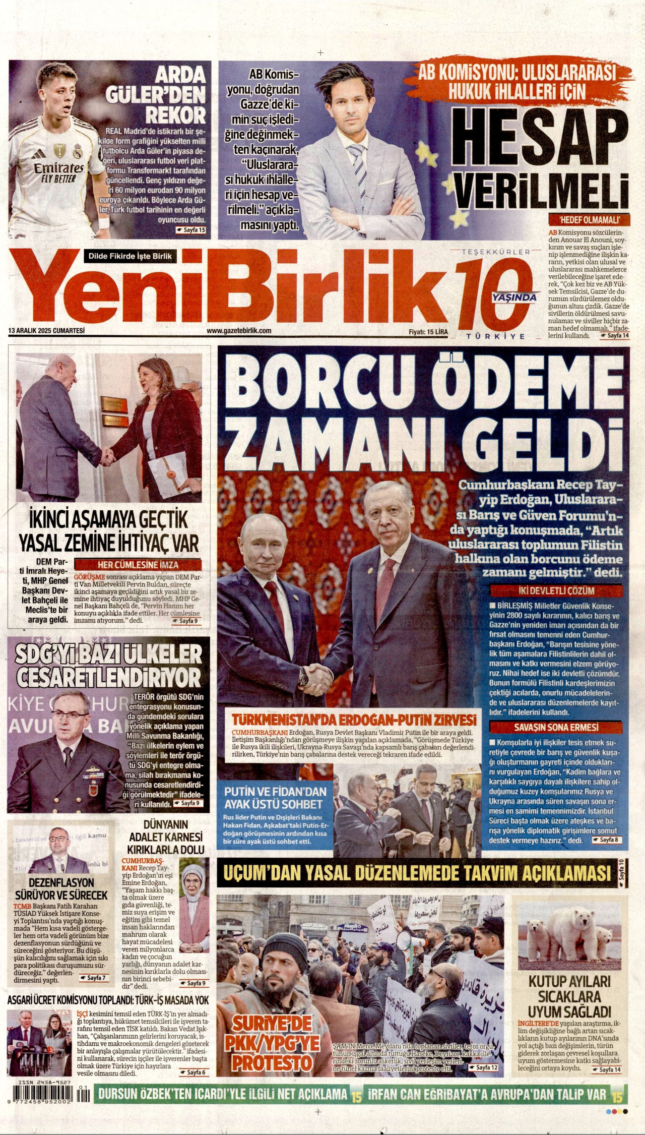 YENİBİRLİK gazetesinin 13 Aralık 2025 tarihli birinci sayfası