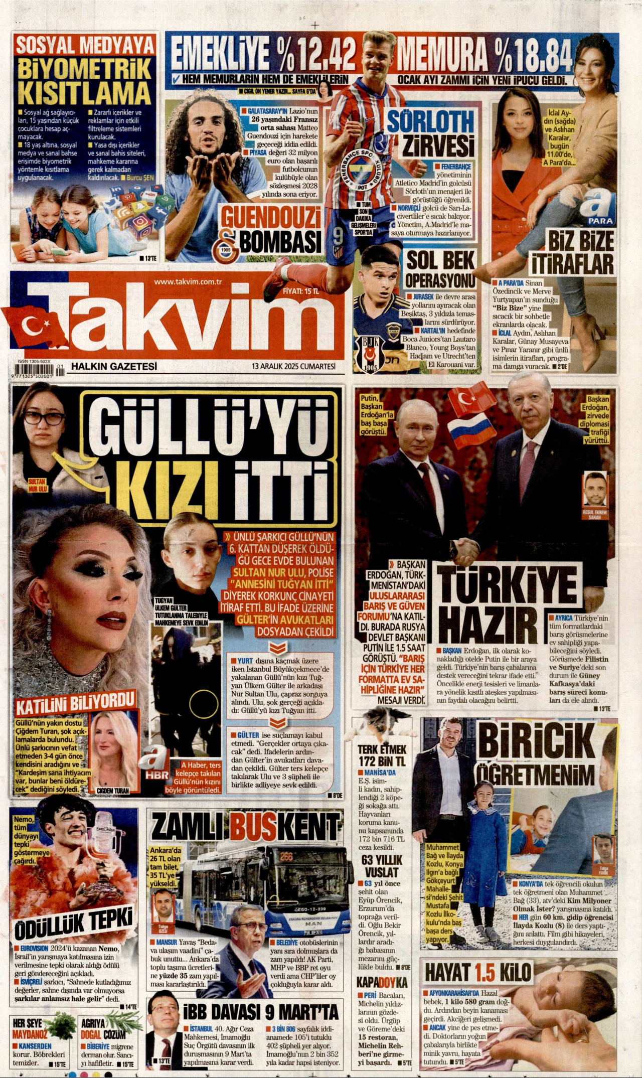 TAKVİM gazetesinin 13 Aralık 2025 tarihli birinci sayfası