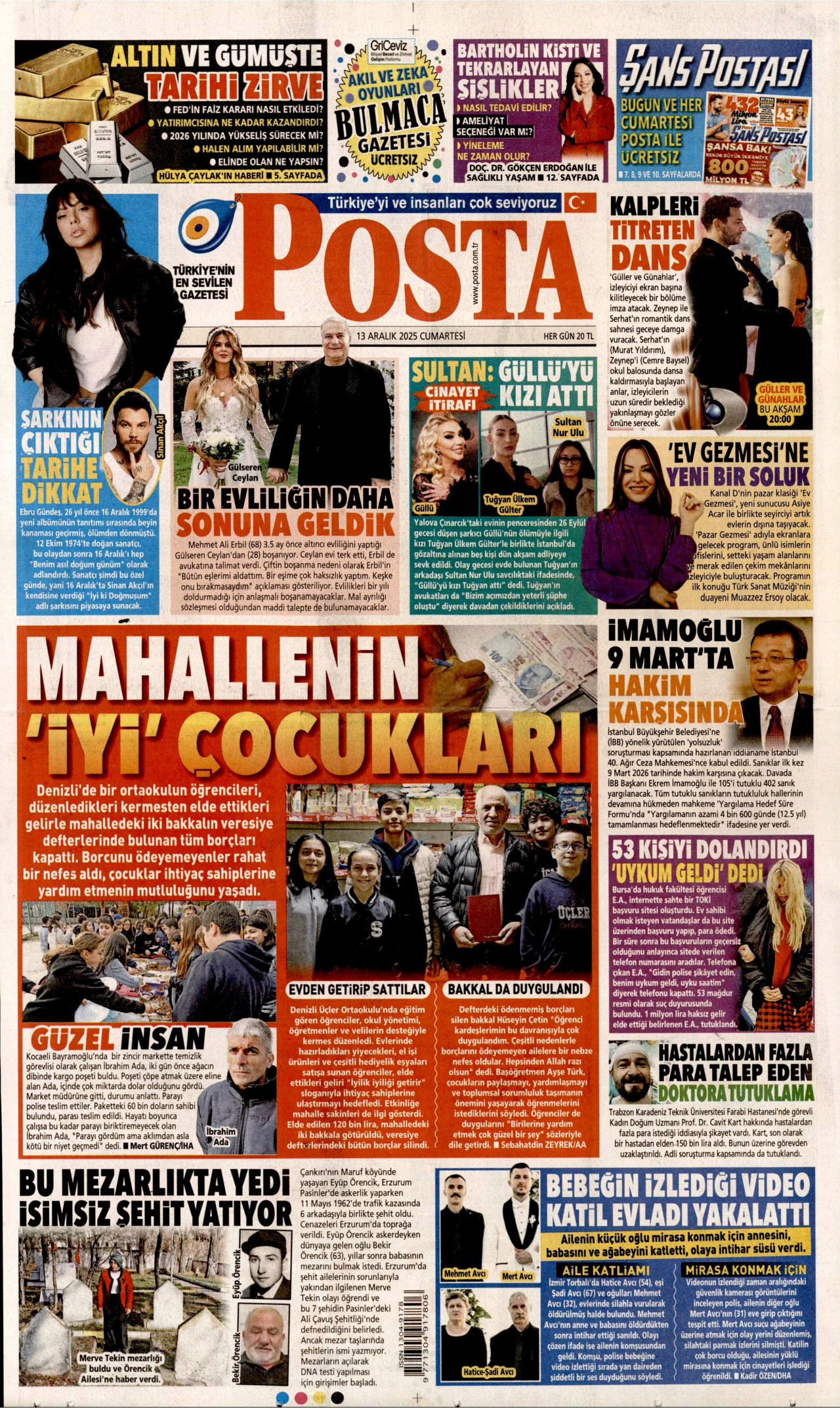POSTA gazetesinin 13 Aralık 2025 tarihli birinci sayfası