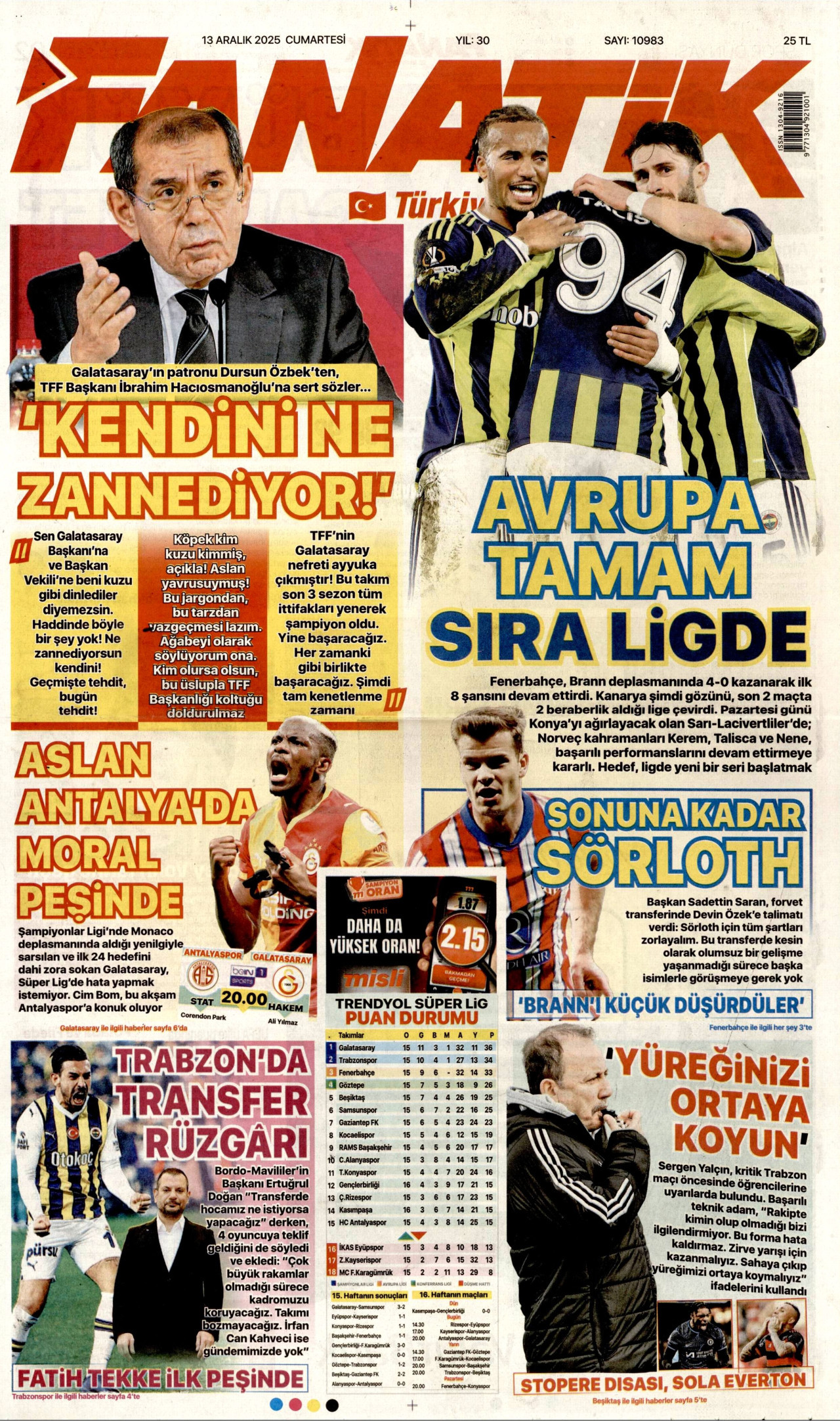 FANATİK gazetesinin 13 Aralık 2025 tarihli birinci sayfası