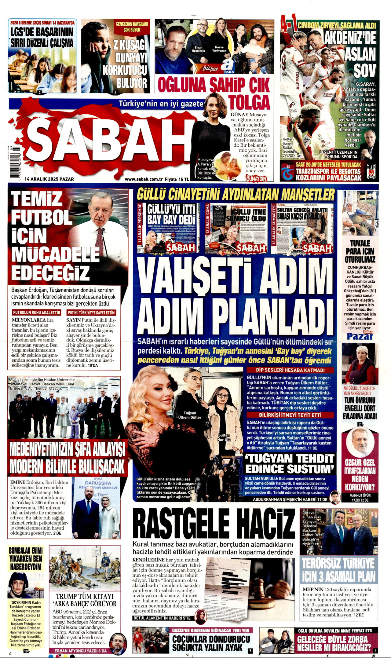 SABAH gazetesinin 14 Aralık 2025 tarihli birinci sayfası