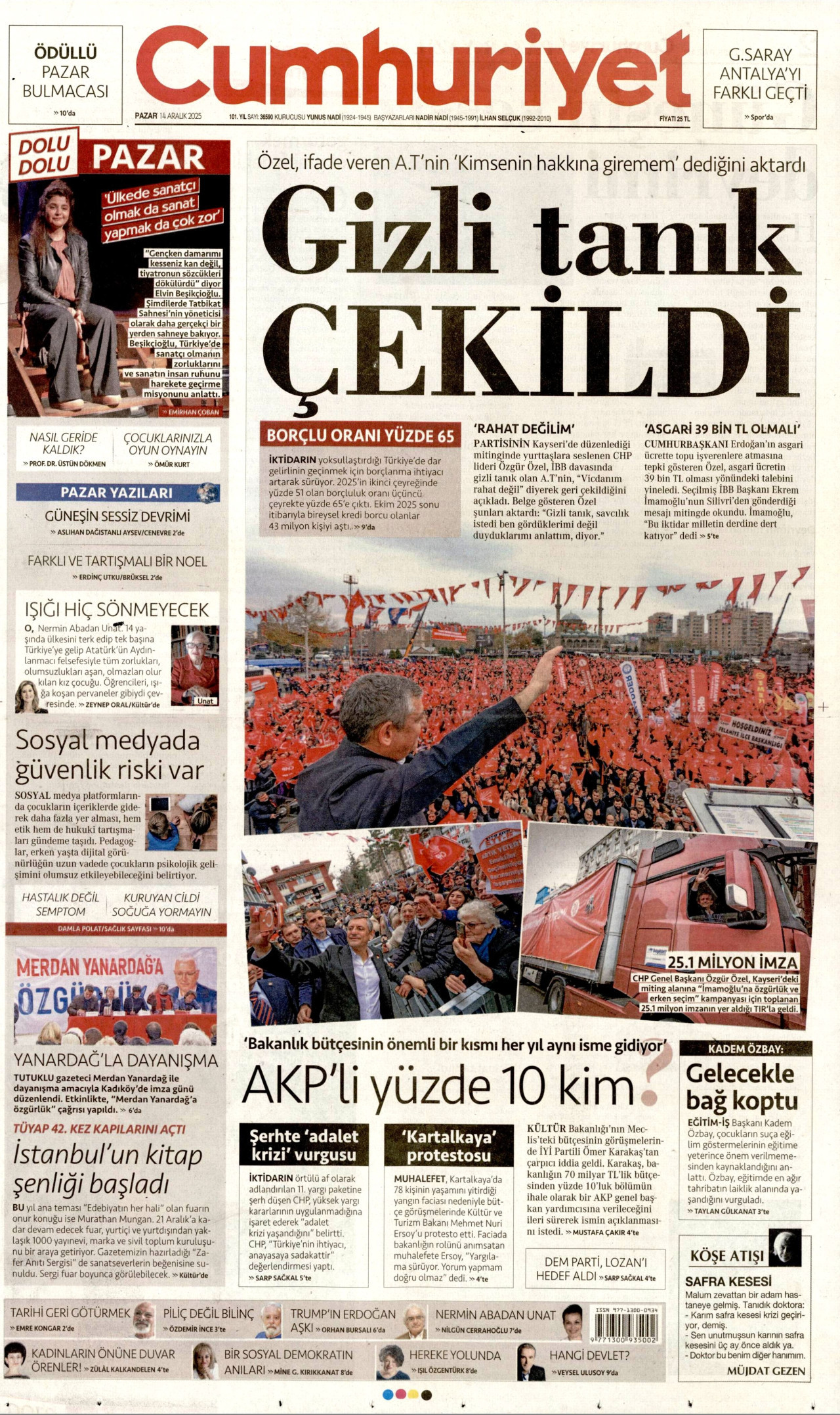 CUMHURİYET gazetesinin 14 Aralık 2025 tarihli birinci sayfası