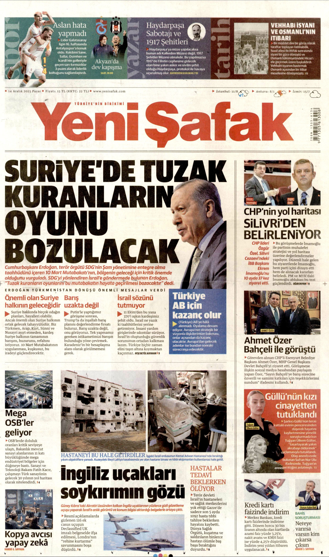 YENİ ŞAFAK gazetesinin 14 Aralık 2025 tarihli birinci sayfası