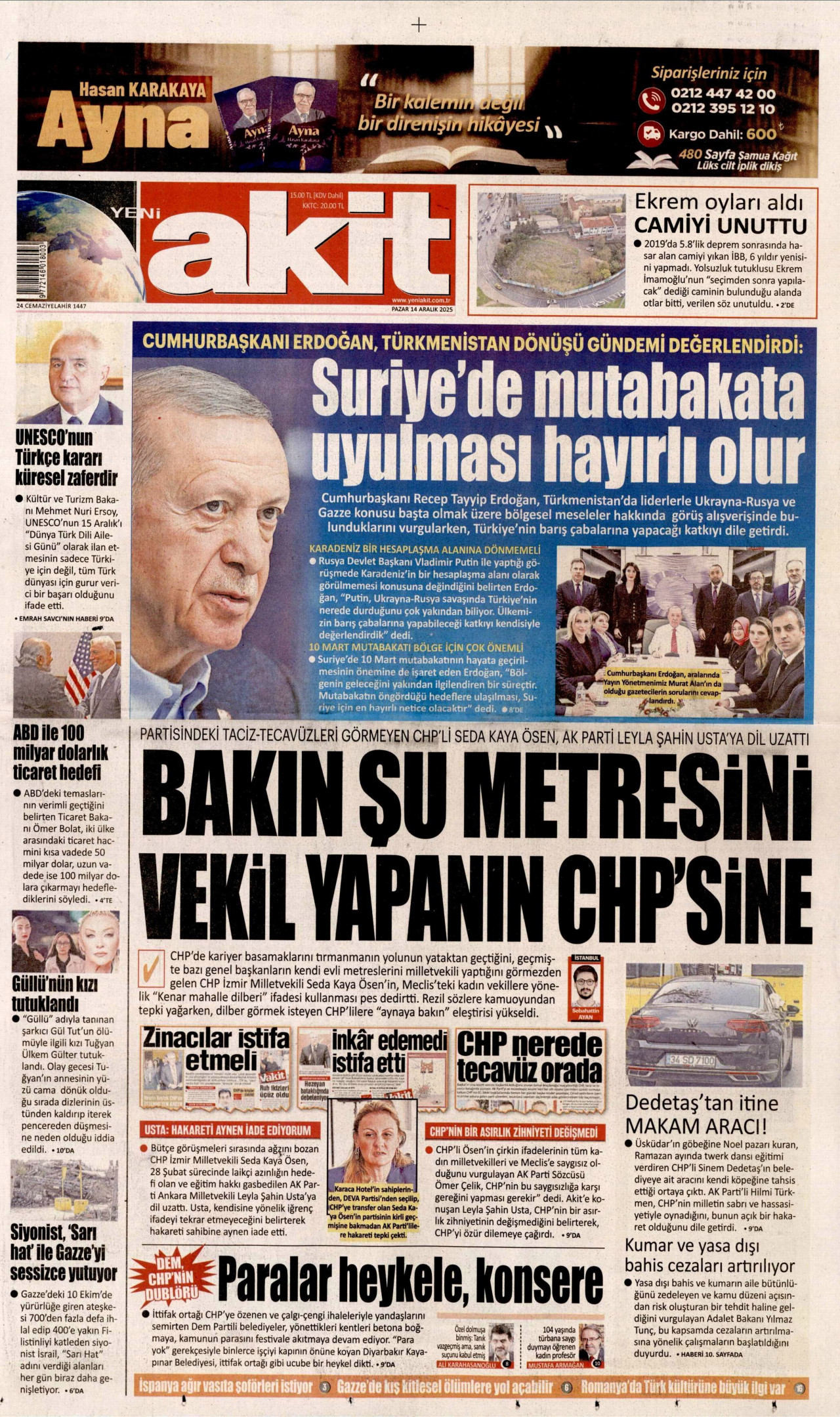 YENİ AKİT gazetesinin 14 Aralık 2025 tarihli birinci sayfası