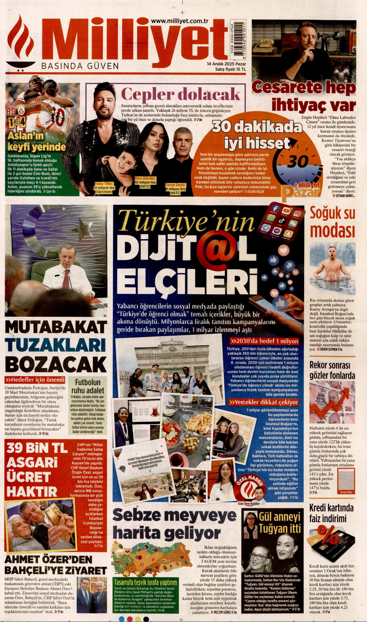 MİLLİYET gazetesinin 14 Aralık 2025 tarihli birinci sayfası