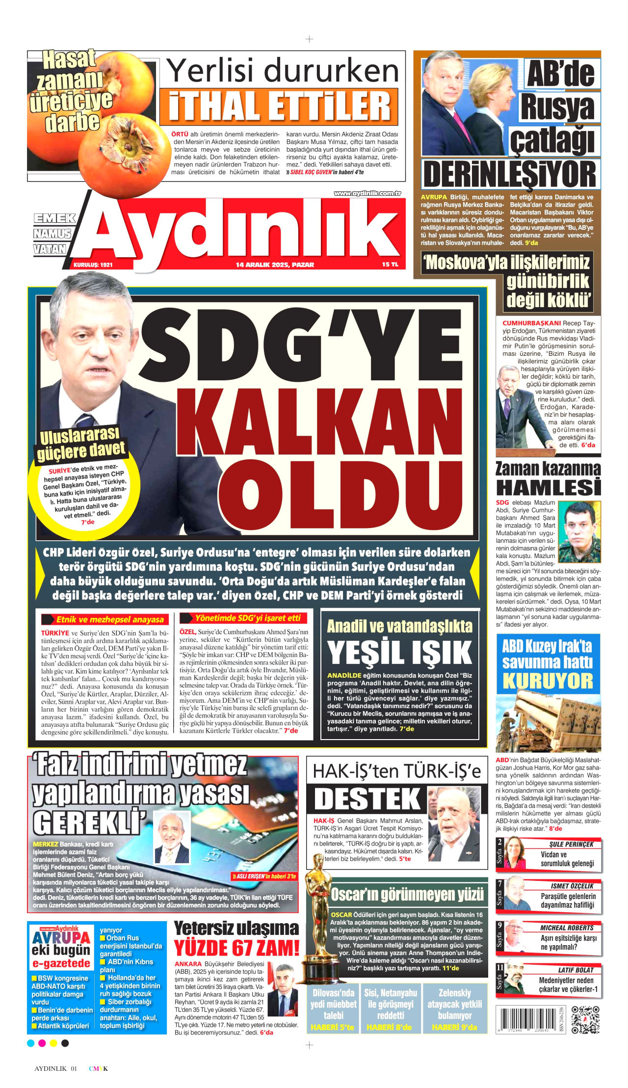 AYDINLIK GAZETESİ gazetesinin 14 Aralık 2025 tarihli birinci sayfası
