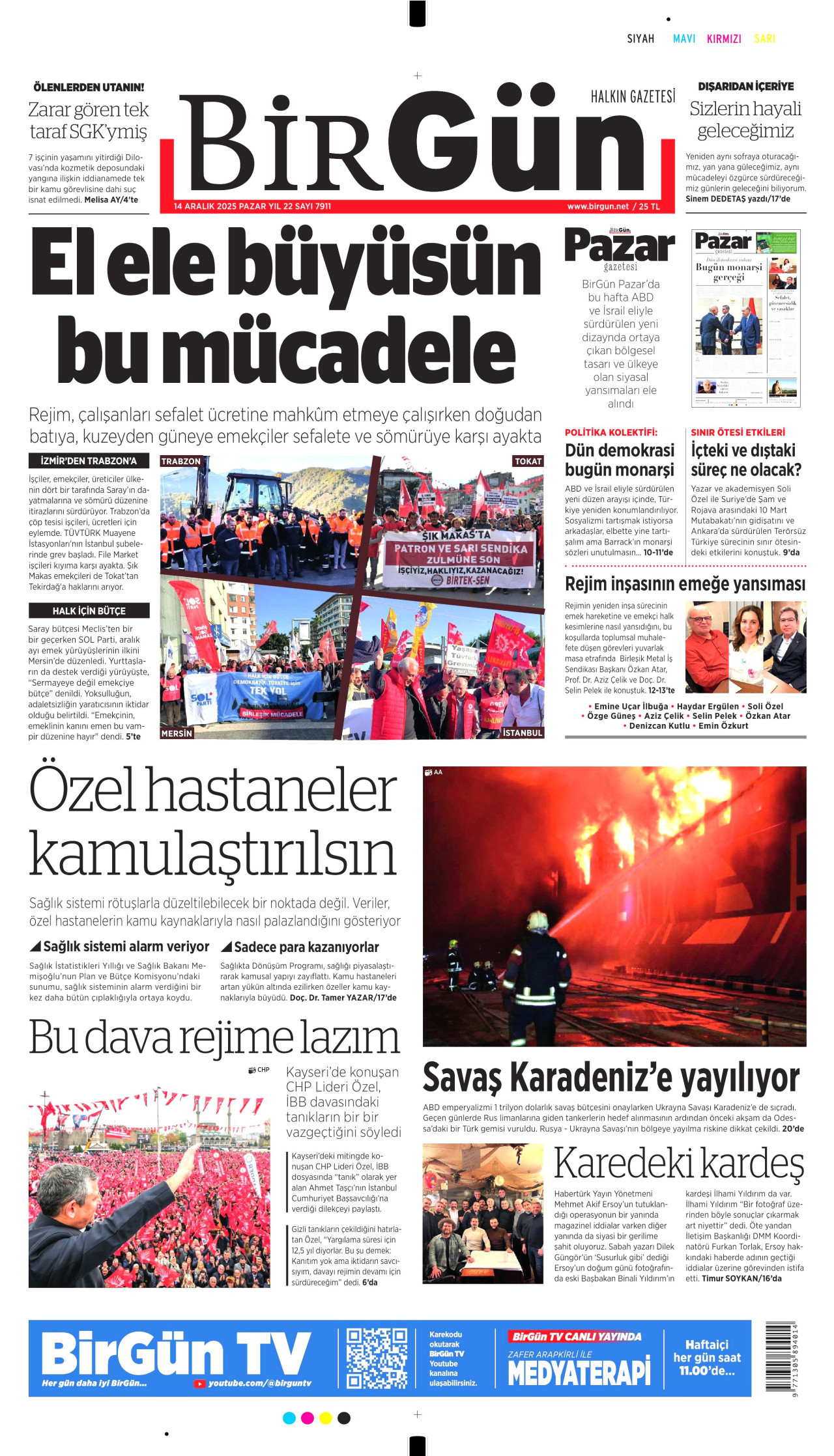 BİRGÜN gazetesinin 14 Aralık 2025 tarihli birinci sayfası
