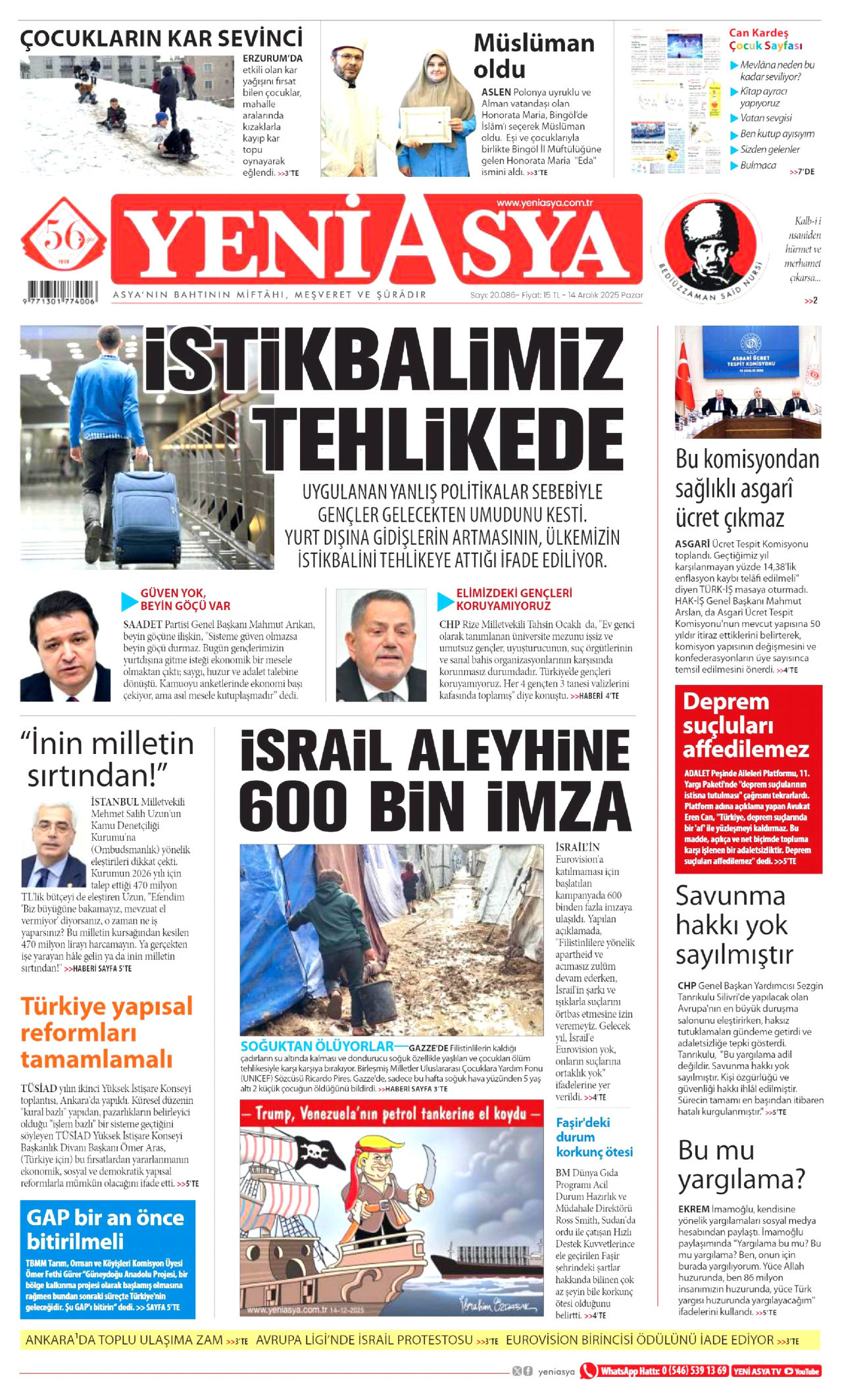 YENİ ASYA gazetesinin 14 Aralık 2025 tarihli birinci sayfası