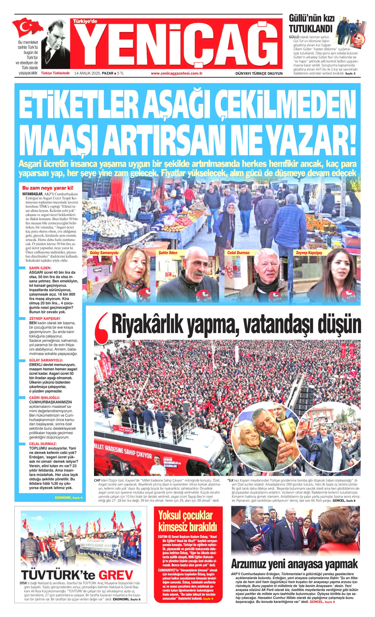 YENİÇAĞ gazetesinin 14 Aralık 2025 tarihli birinci sayfası