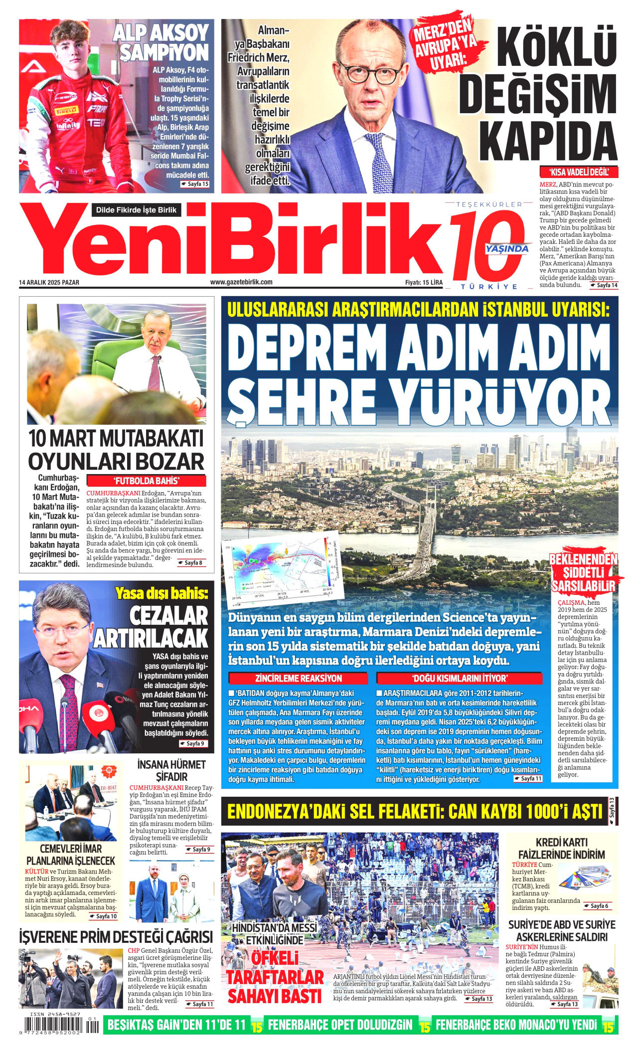 YENİBİRLİK gazetesinin 14 Aralık 2025 tarihli birinci sayfası