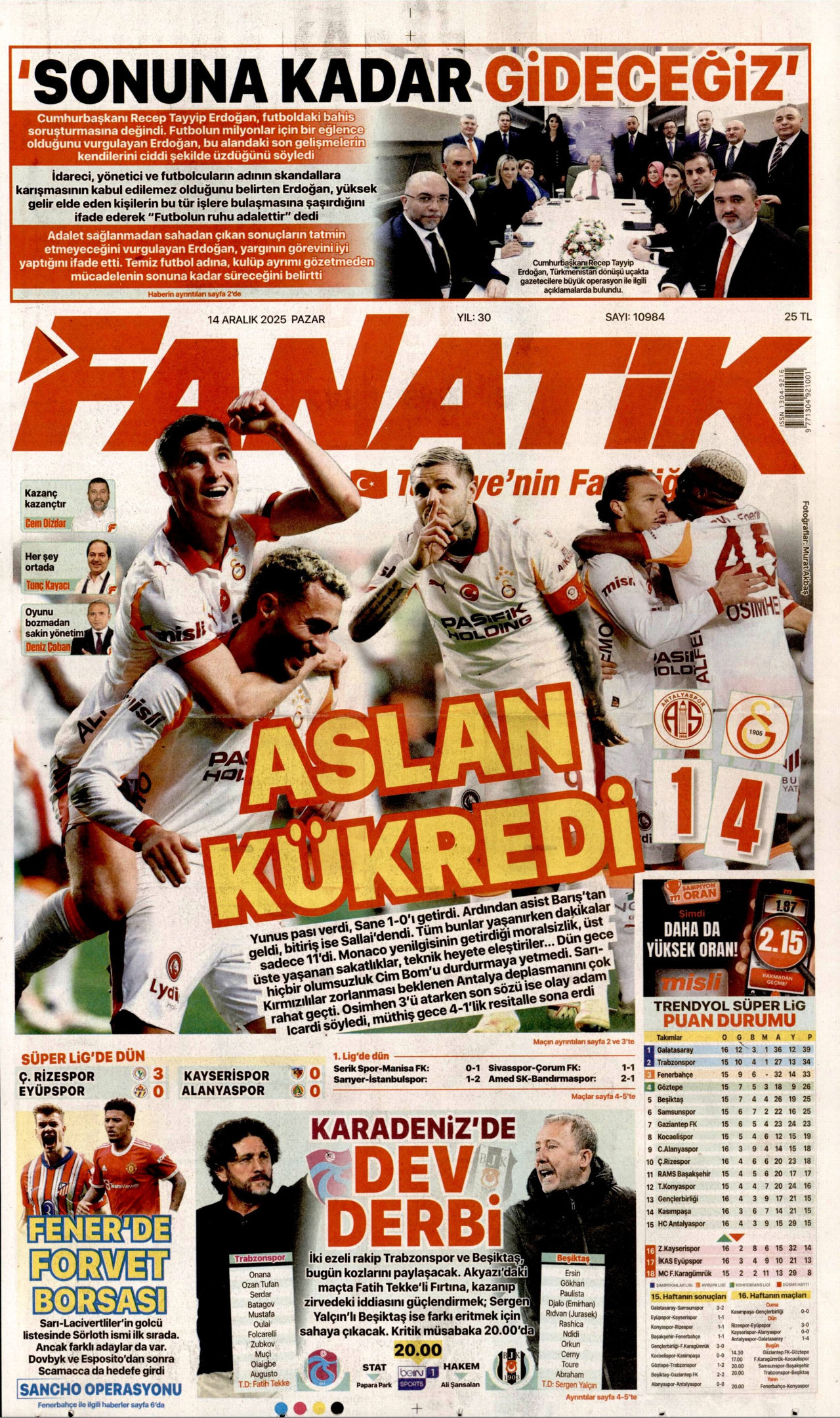 FANATİK gazetesinin 14 Aralık 2025 tarihli birinci sayfası