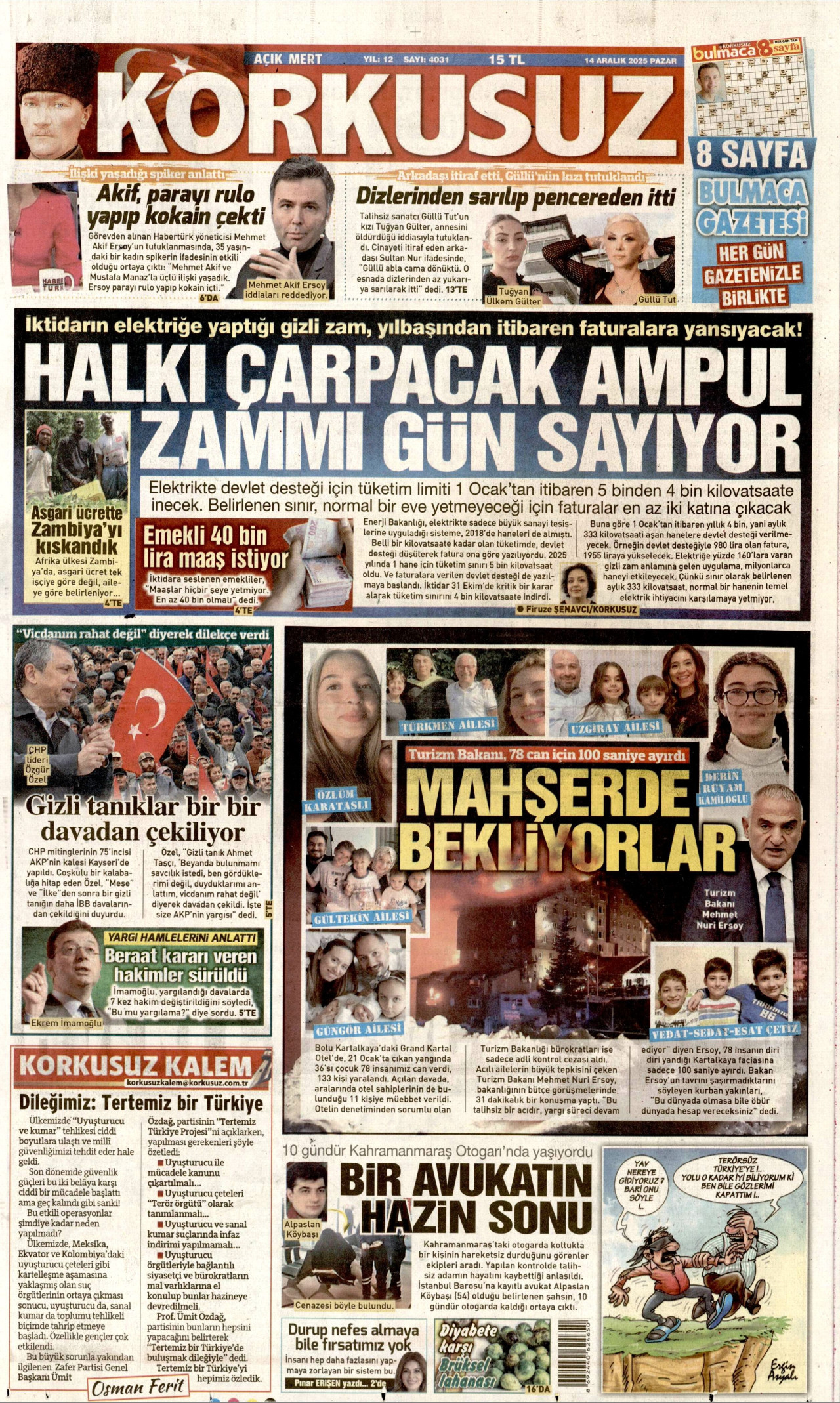 KORKUSUZ gazetesinin 14 Aralık 2025 tarihli birinci sayfası