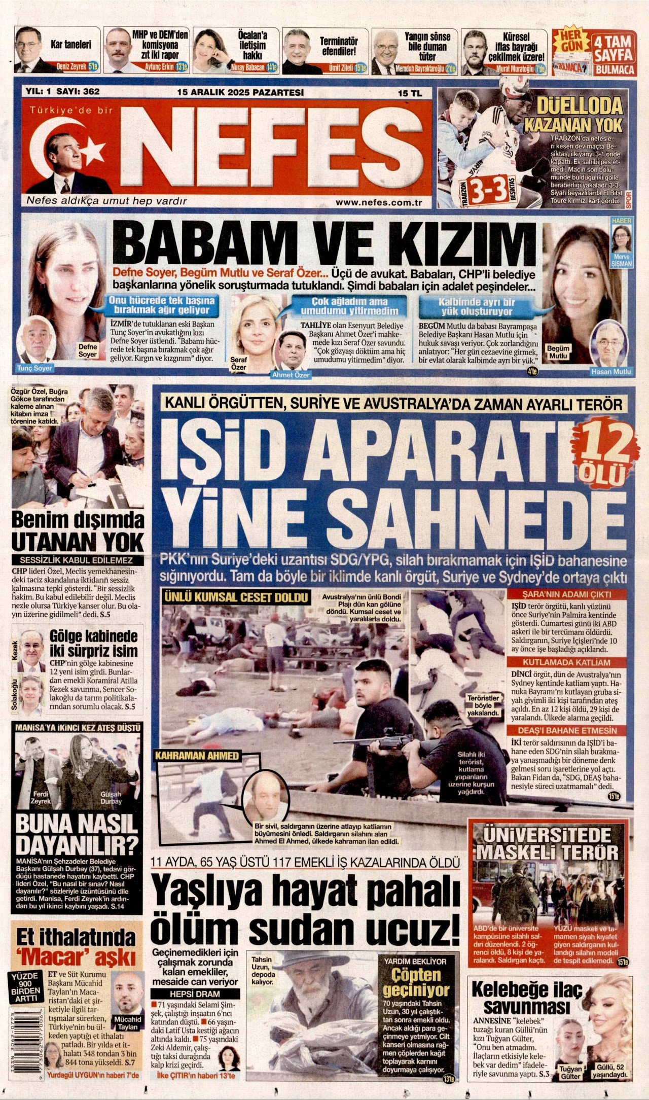 NEFES gazetesinin 15 Aralık 2025 tarihli birinci sayfası