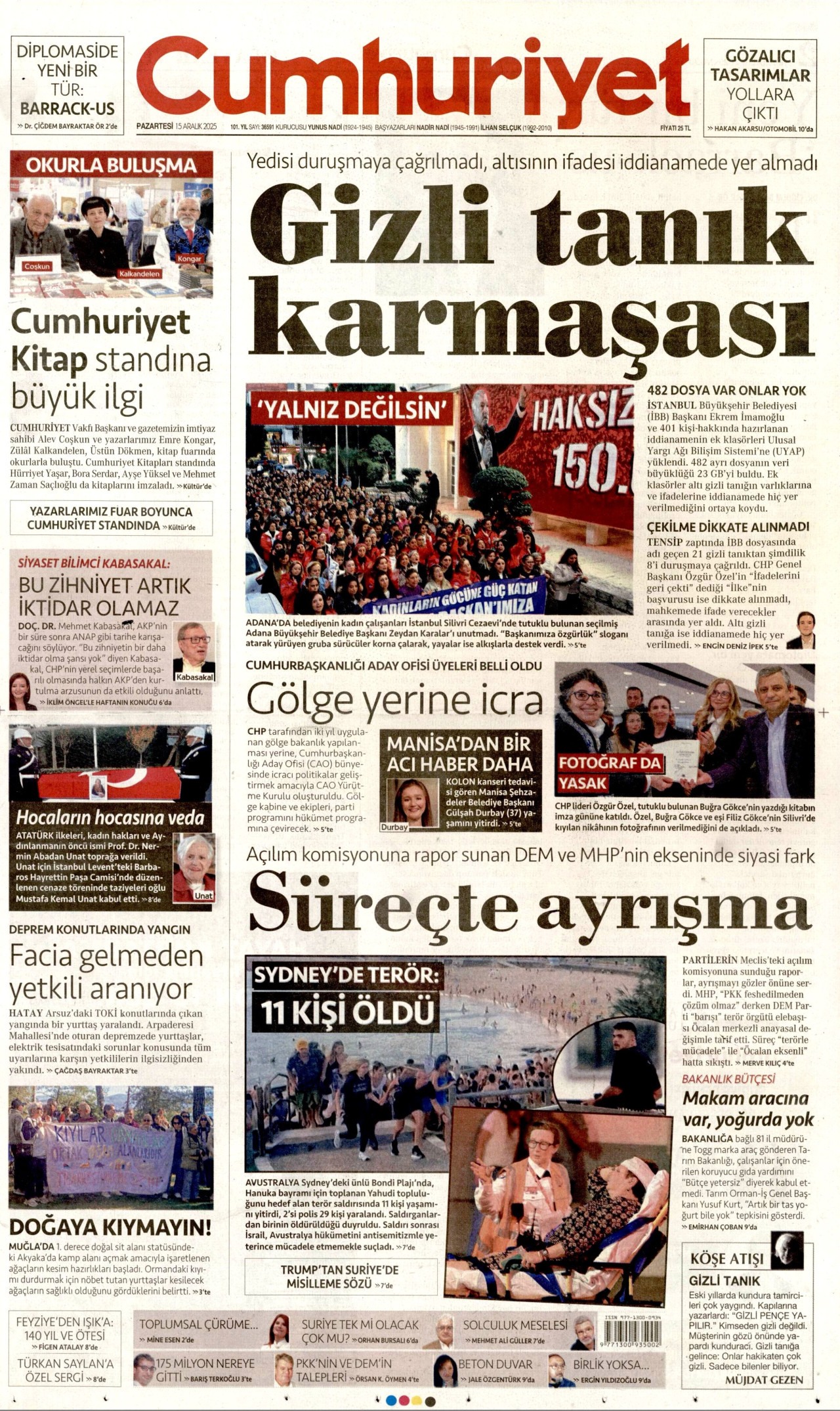 CUMHURİYET gazetesinin 15 Aralık 2025 tarihli birinci sayfası