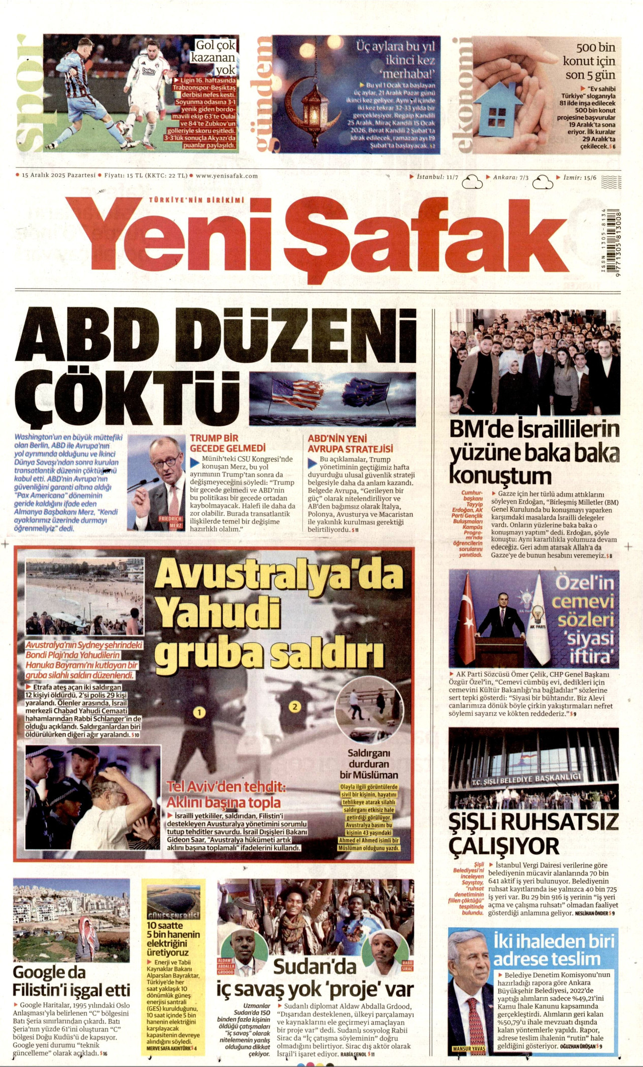 YENİ ŞAFAK gazetesinin 15 Aralık 2025 tarihli birinci sayfası