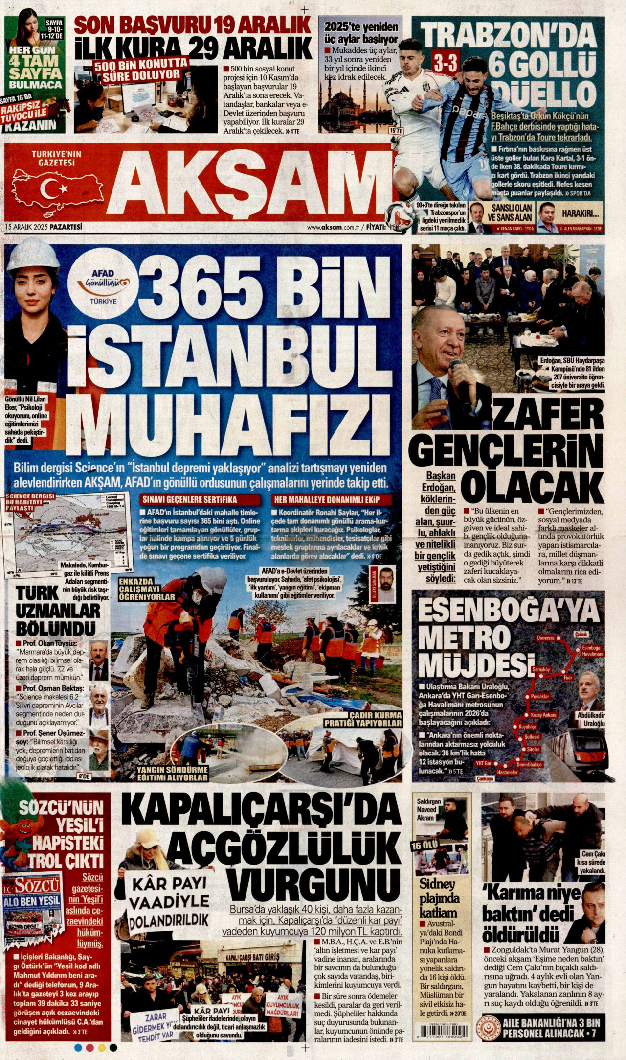 AKŞAM gazetesinin 15 Aralık 2025 tarihli birinci sayfası