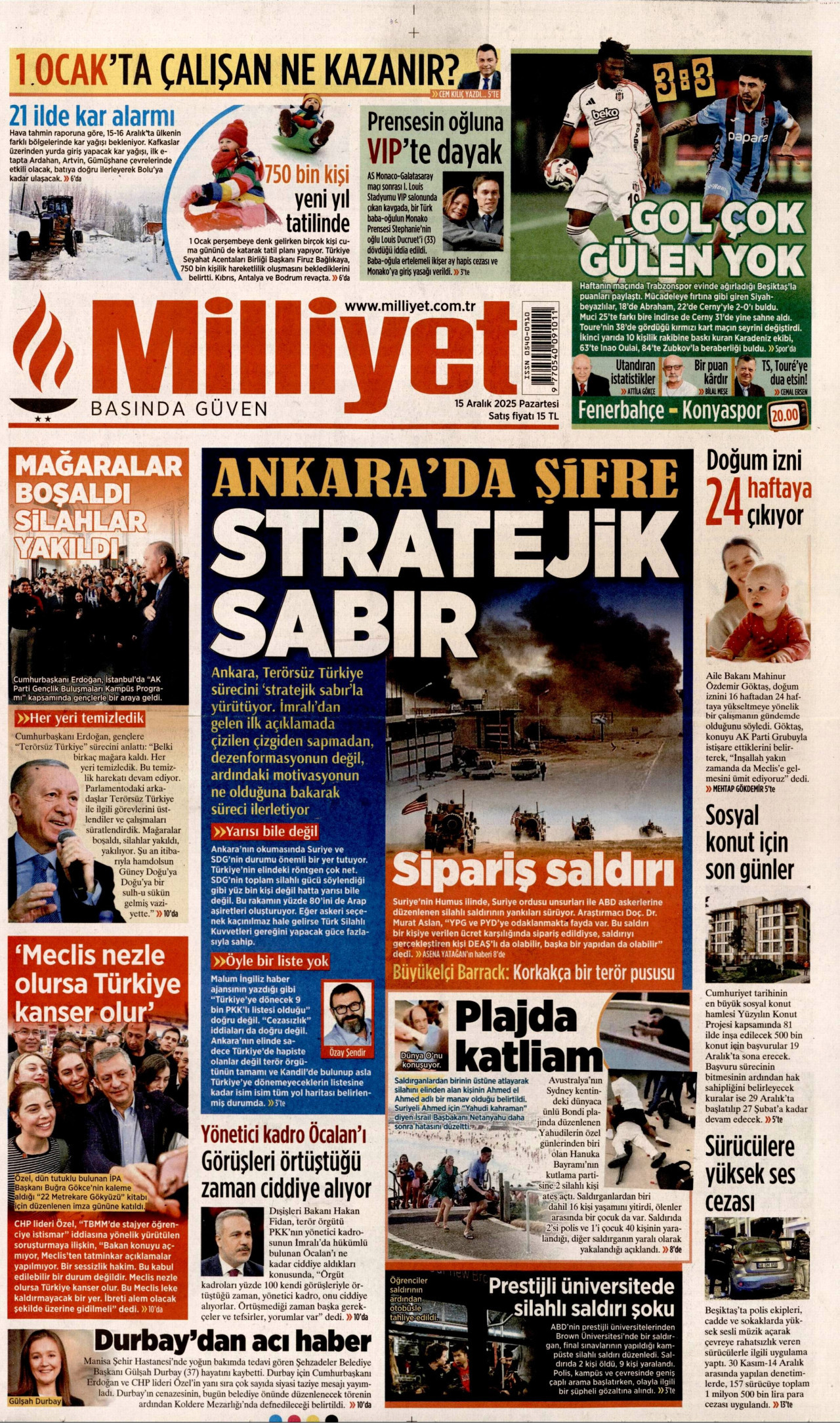 MİLLİYET gazetesinin 15 Aralık 2025 tarihli birinci sayfası