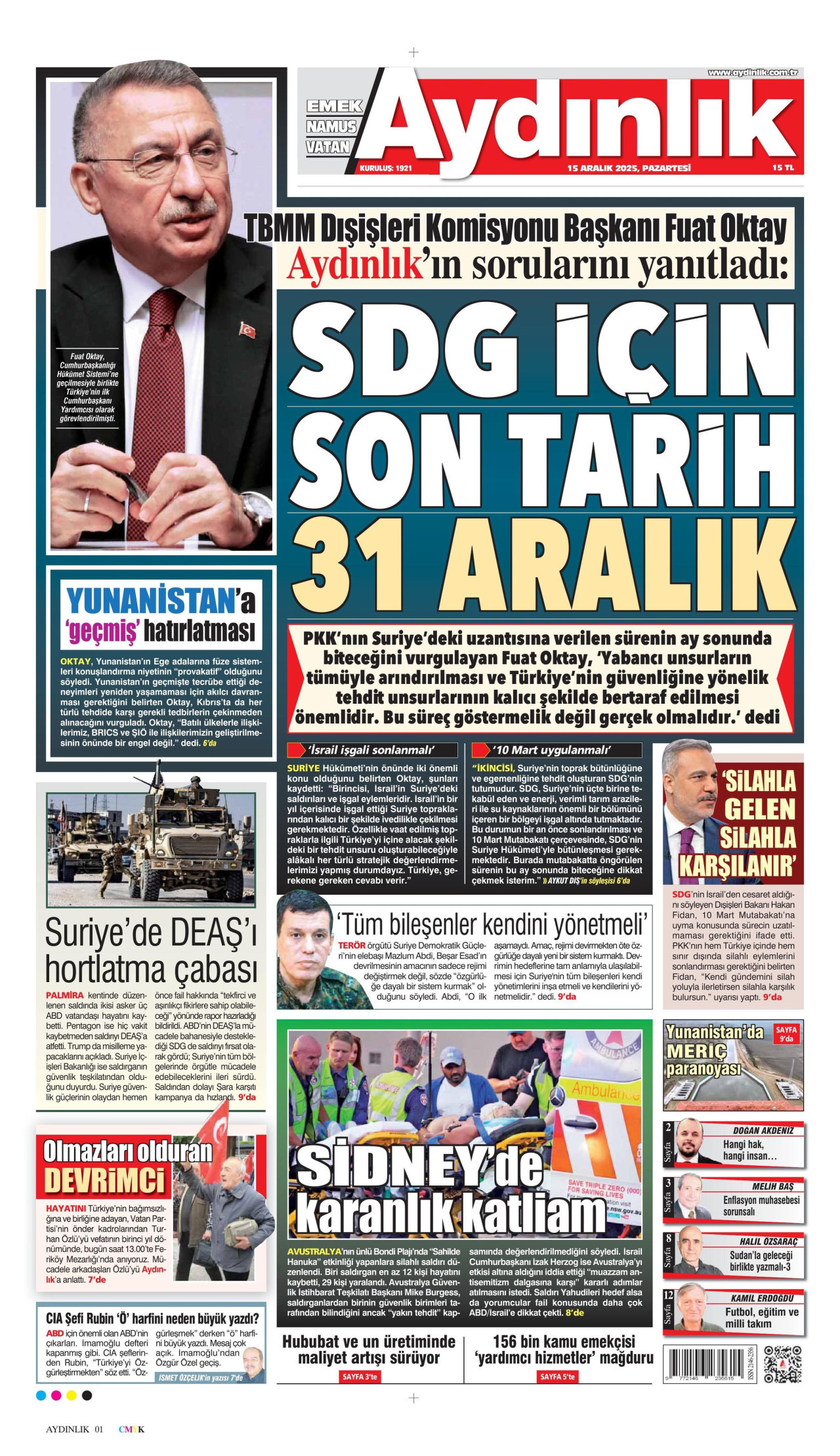 AYDINLIK GAZETESİ gazetesinin 15 Aralık 2025 tarihli birinci sayfası