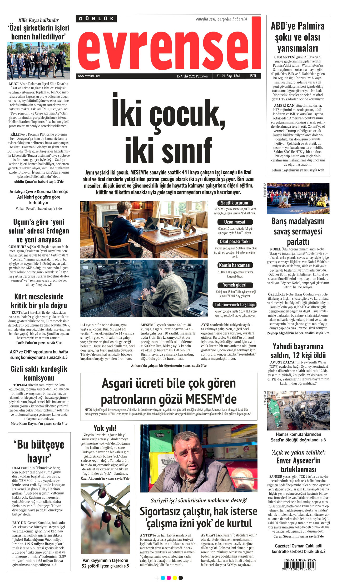 EVRENSEL gazetesinin 15 Aralık 2025 tarihli birinci sayfası