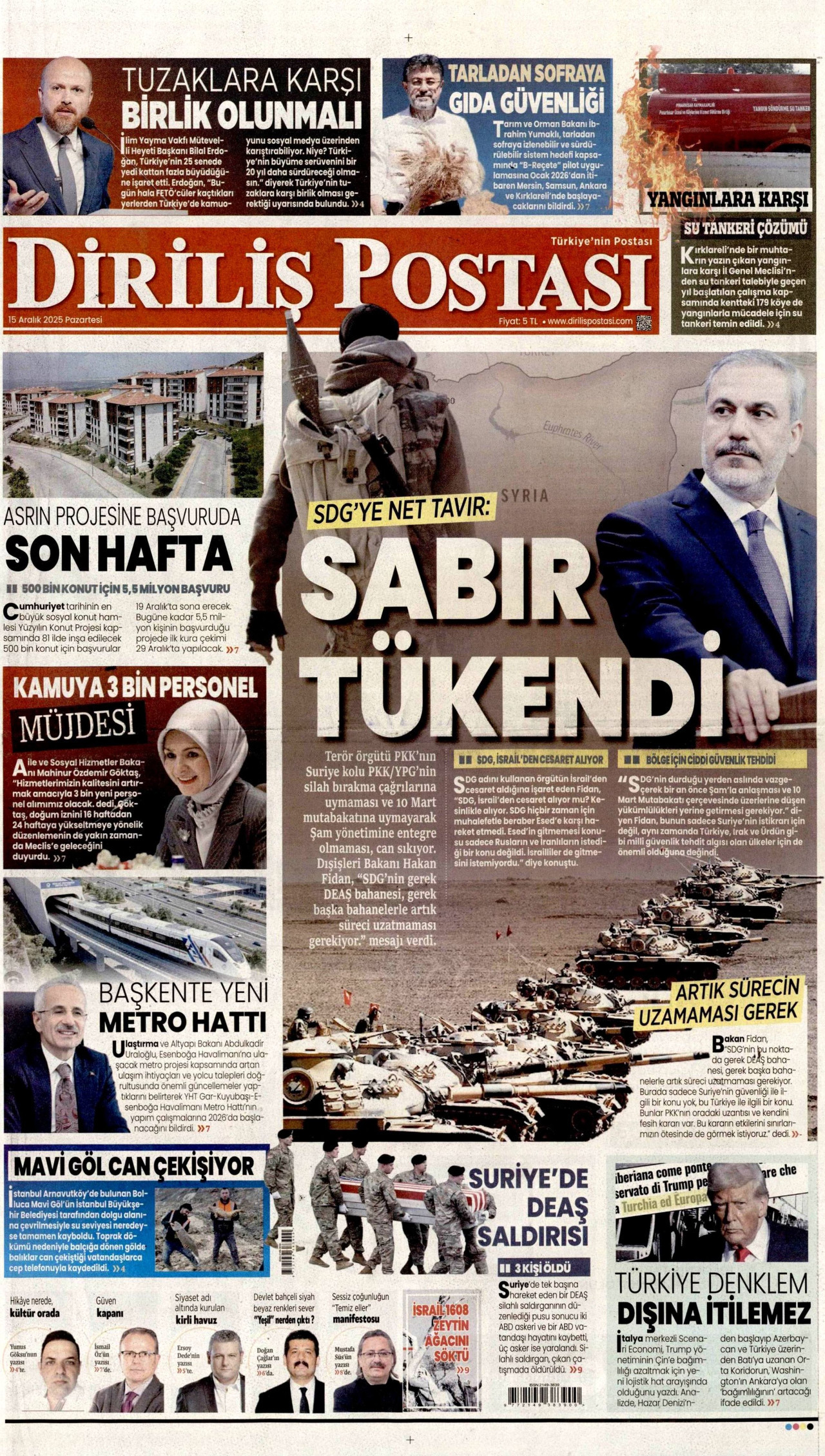DİRİLİŞ POSTASI gazetesinin 15 Aralık 2025 tarihli birinci sayfası