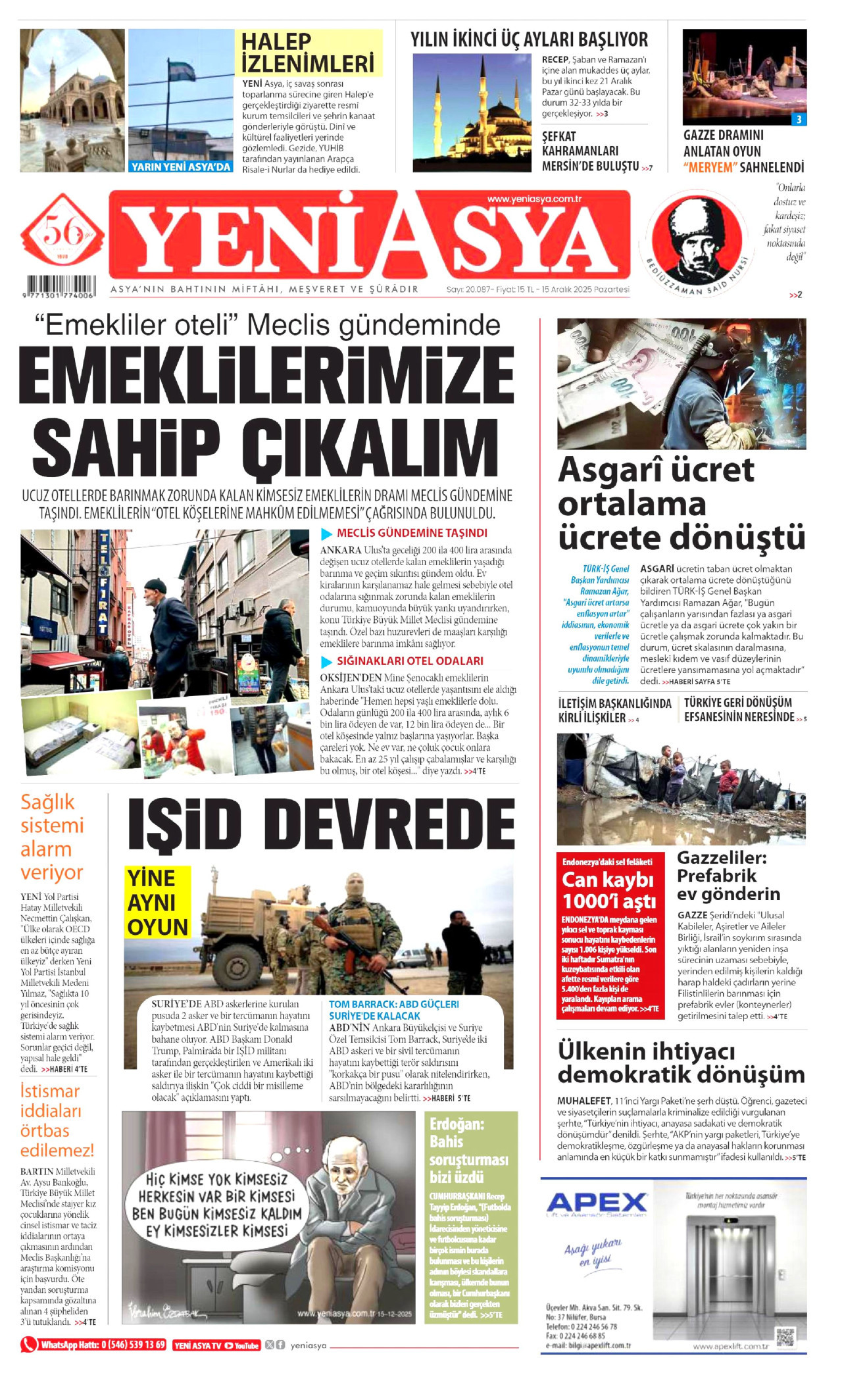YENİ ASYA gazetesinin 15 Aralık 2025 tarihli birinci sayfası