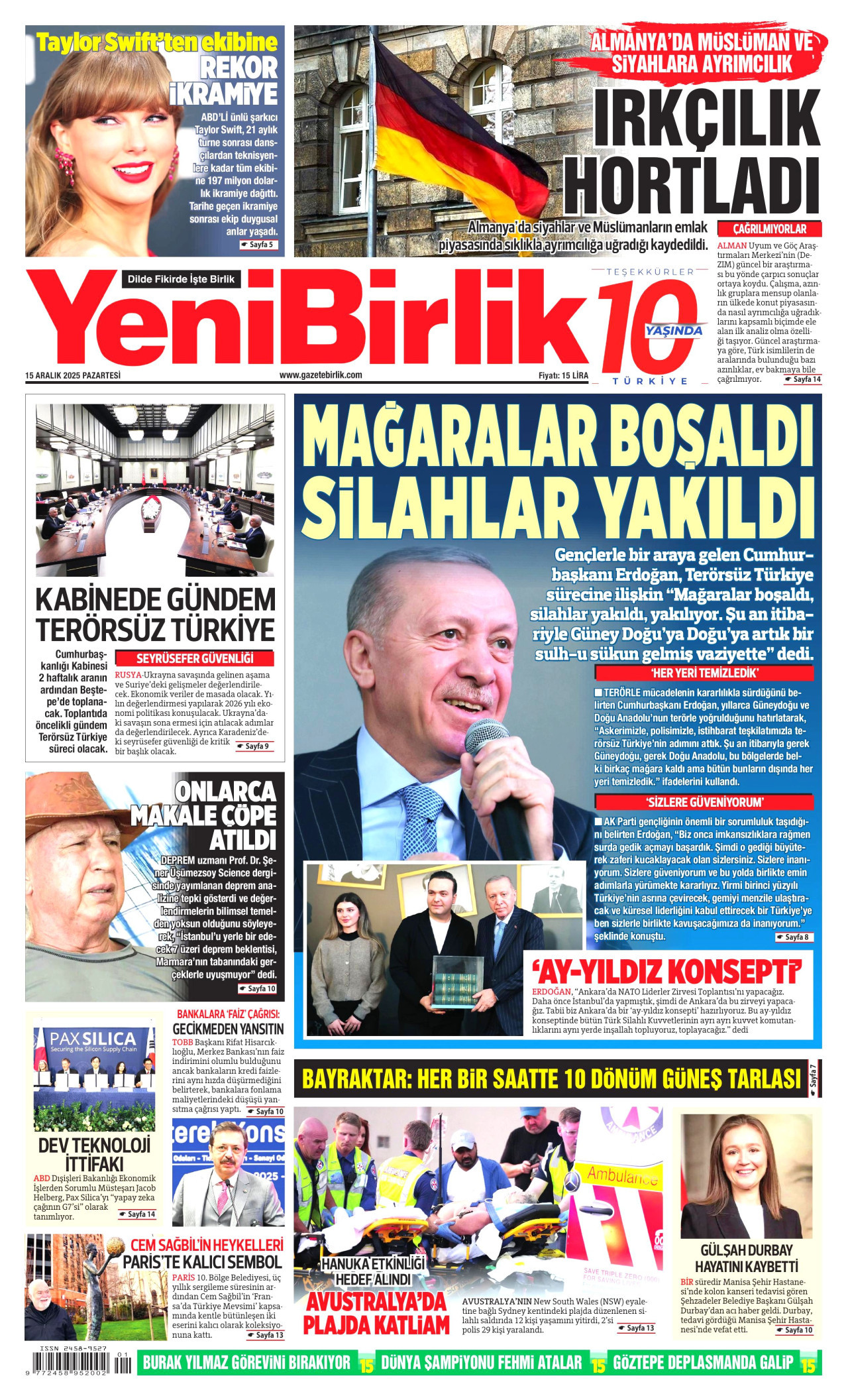 YENİBİRLİK gazetesinin 15 Aralık 2025 tarihli birinci sayfası