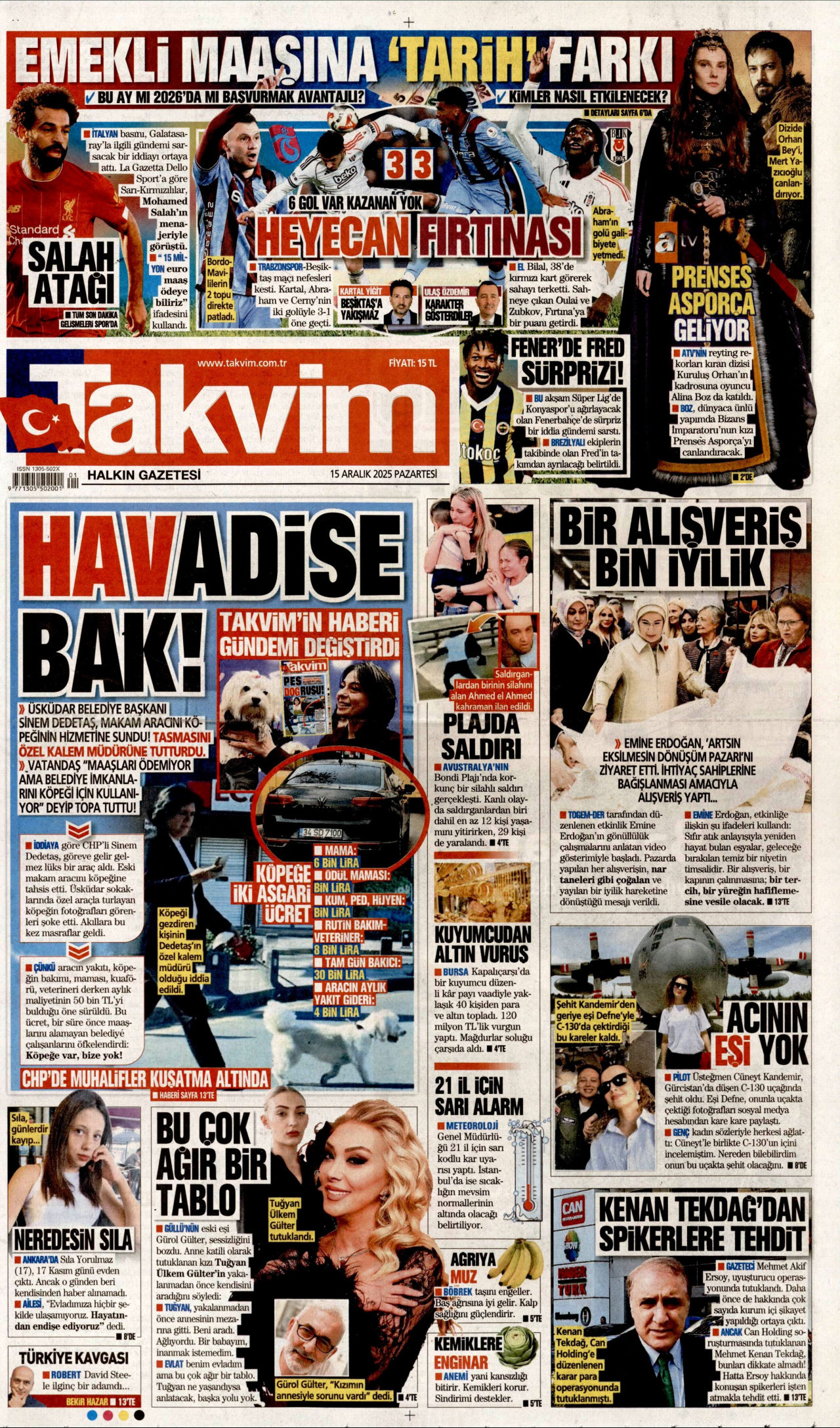 TAKVİM gazetesinin 15 Aralık 2025 tarihli birinci sayfası