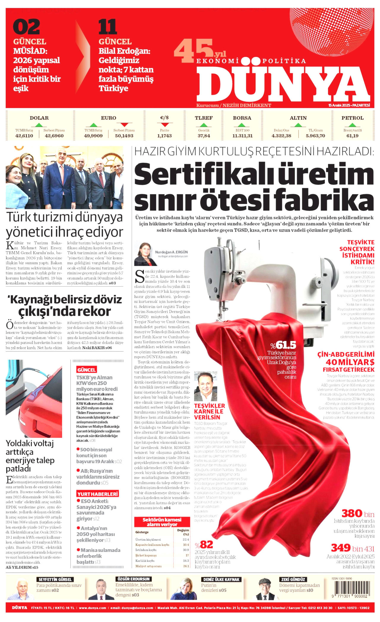 DÜNYA gazetesinin 15 Aralık 2025 tarihli birinci sayfası