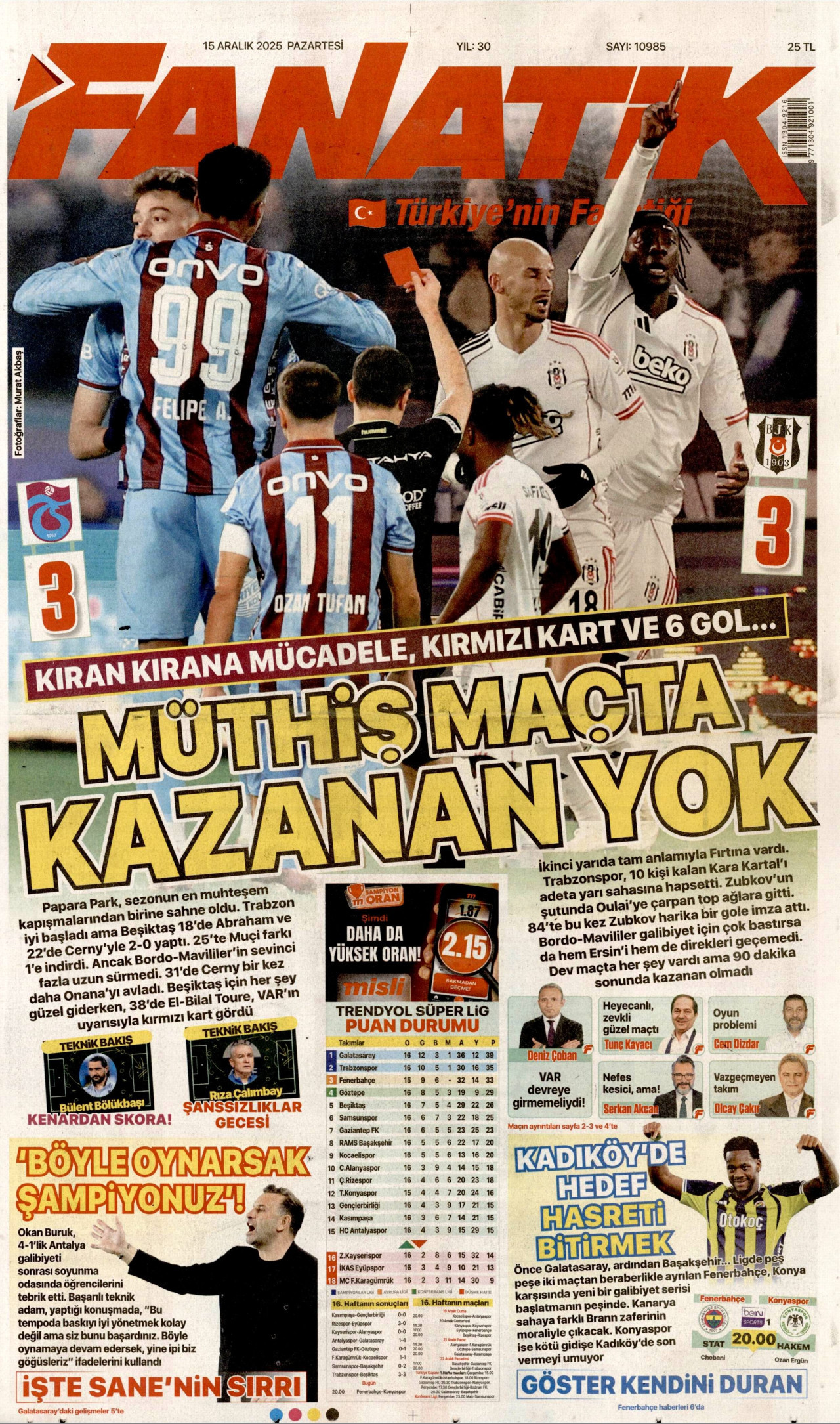 FANATİK gazetesinin 15 Aralık 2025 tarihli birinci sayfası