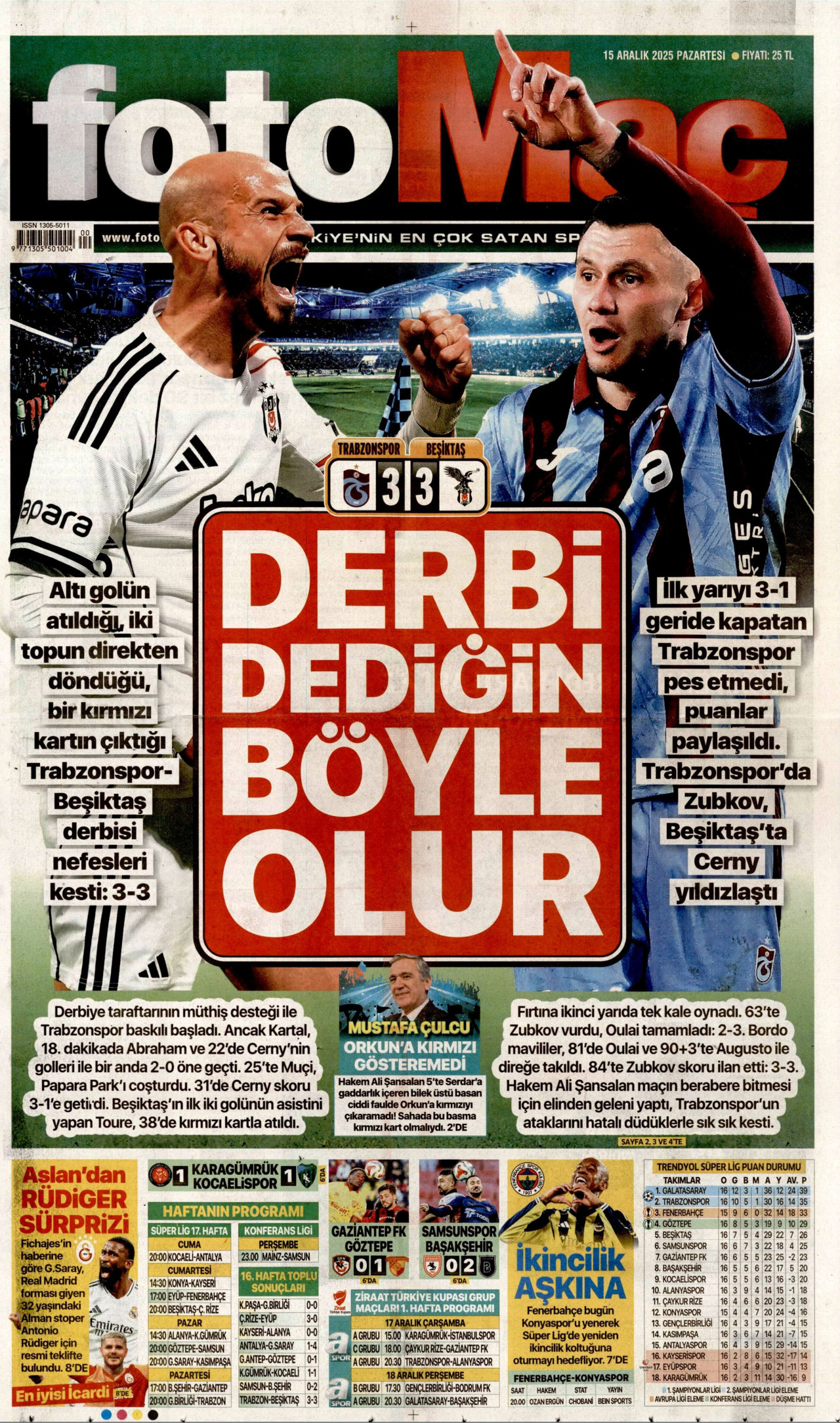 FOTOMAÇ gazetesinin 15 Aralık 2025 tarihli birinci sayfası