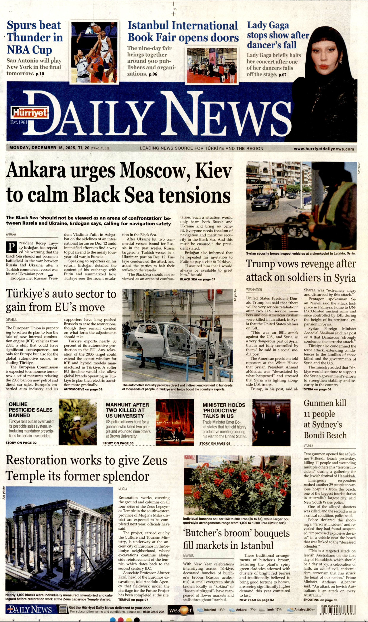 HÜRRİYET DAİLY NEWS gazetesinin 15 Aralık 2025 tarihli birinci sayfası