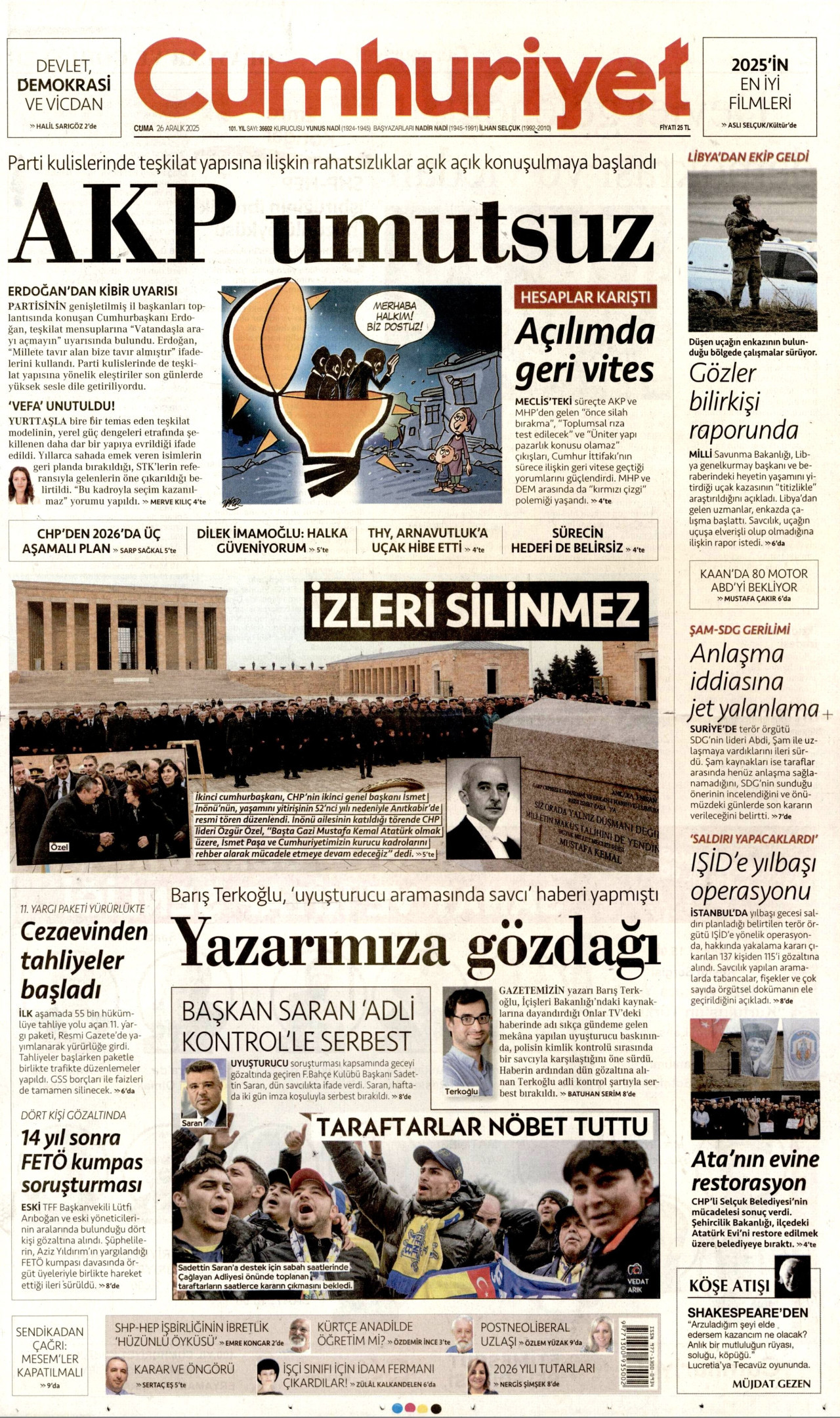 CUMHURİYET gazetesinin 26 Aralık 2025 tarihli birinci sayfası