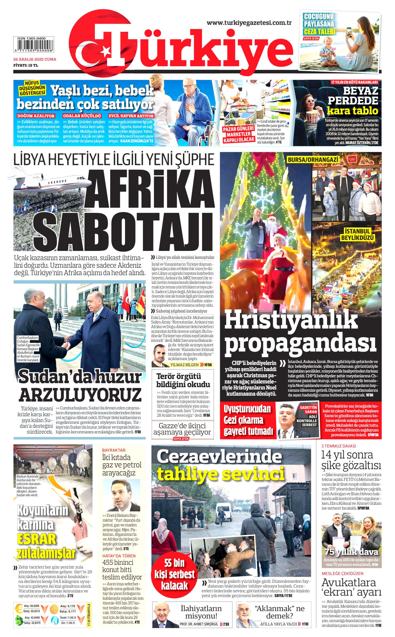 TÜRKİYE GAZETESİ gazetesinin 26 Aralık 2025 tarihli birinci sayfası