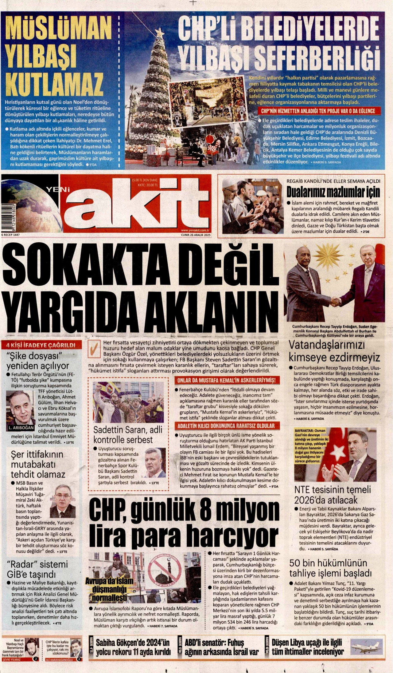 YENİ AKİT gazetesinin 26 Aralık 2025 tarihli birinci sayfası