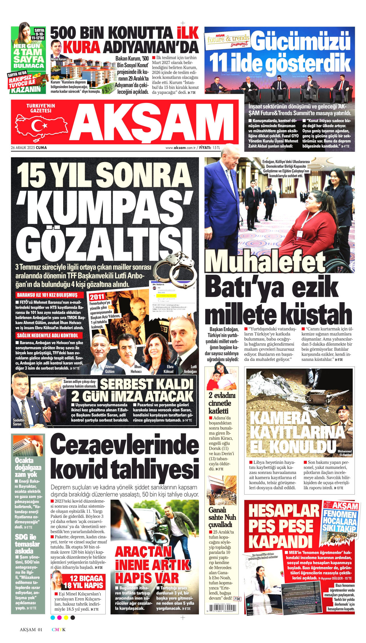 AKŞAM gazetesinin 26 Aralık 2025 tarihli birinci sayfası
