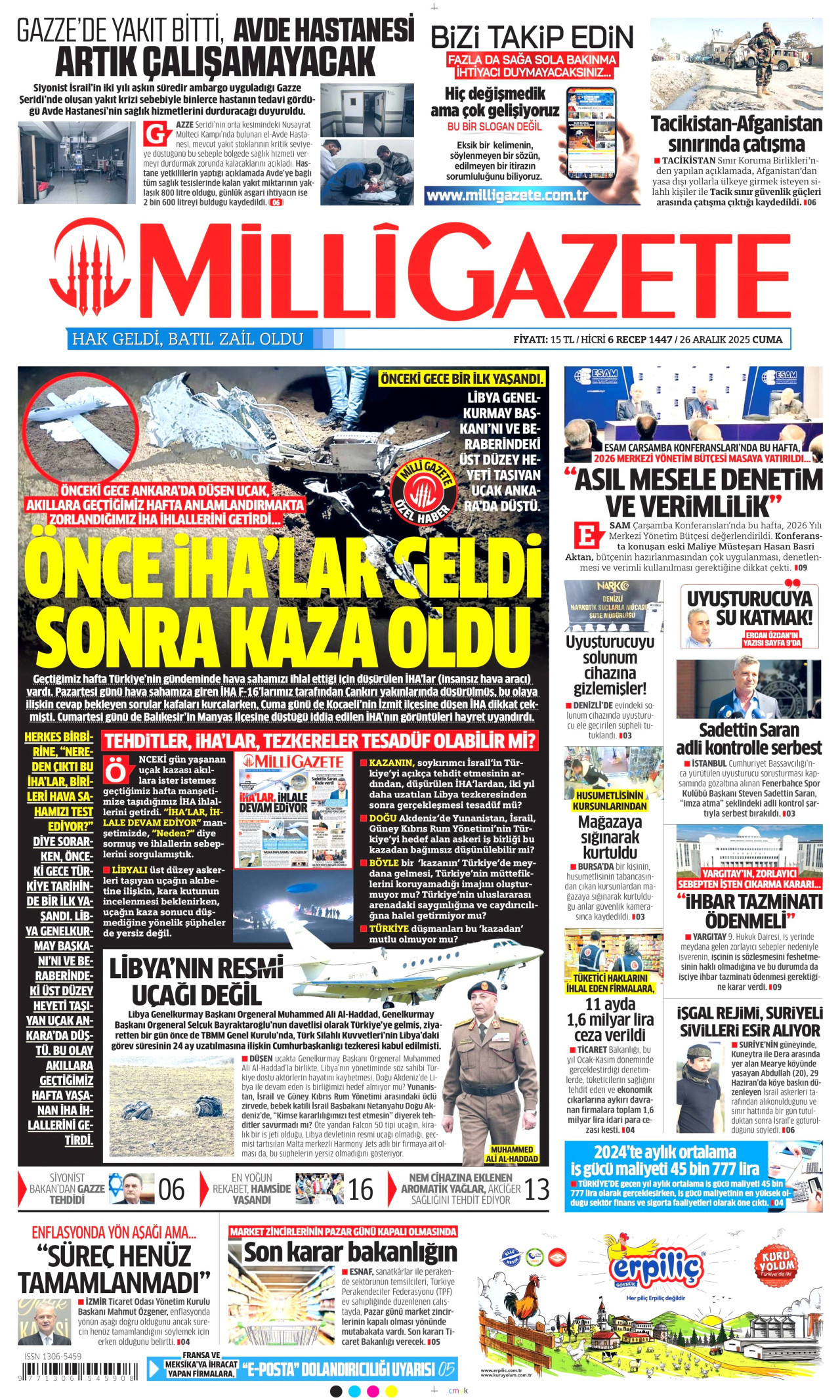 MİLLİ GAZETE gazetesinin 26 Aralık 2025 tarihli birinci sayfası