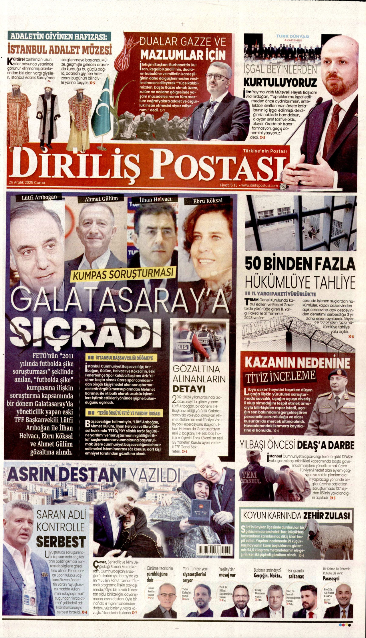 DİRİLİŞ POSTASI gazetesinin 26 Aralık 2025 tarihli birinci sayfası