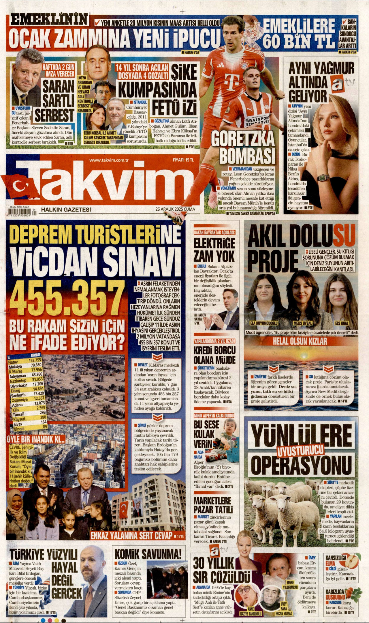 TAKVİM gazetesinin 26 Aralık 2025 tarihli birinci sayfası