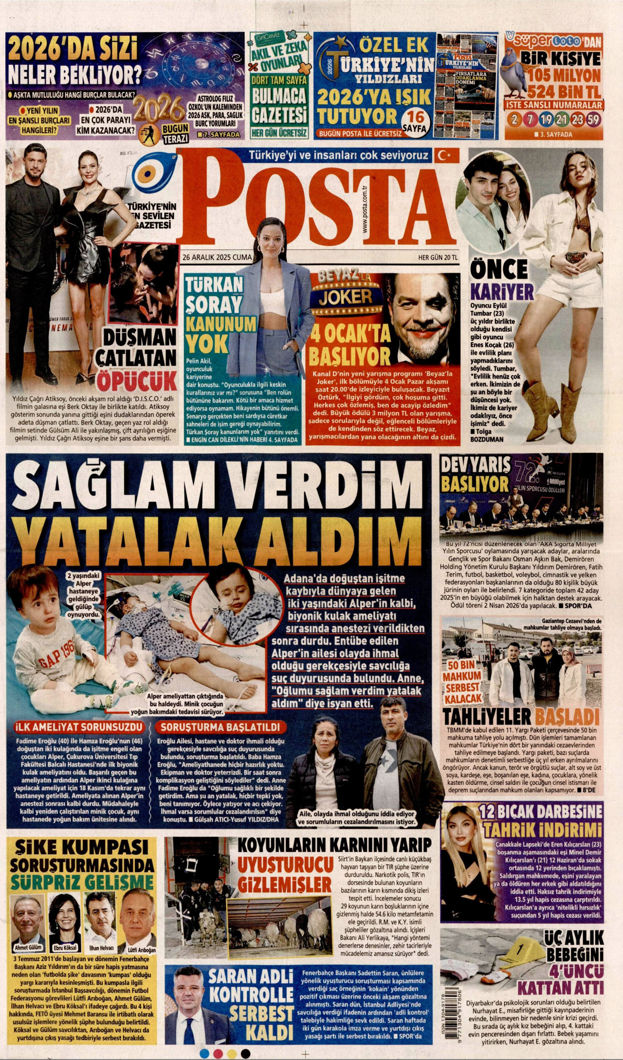 POSTA gazetesinin 26 Aralık 2025 tarihli birinci sayfası
