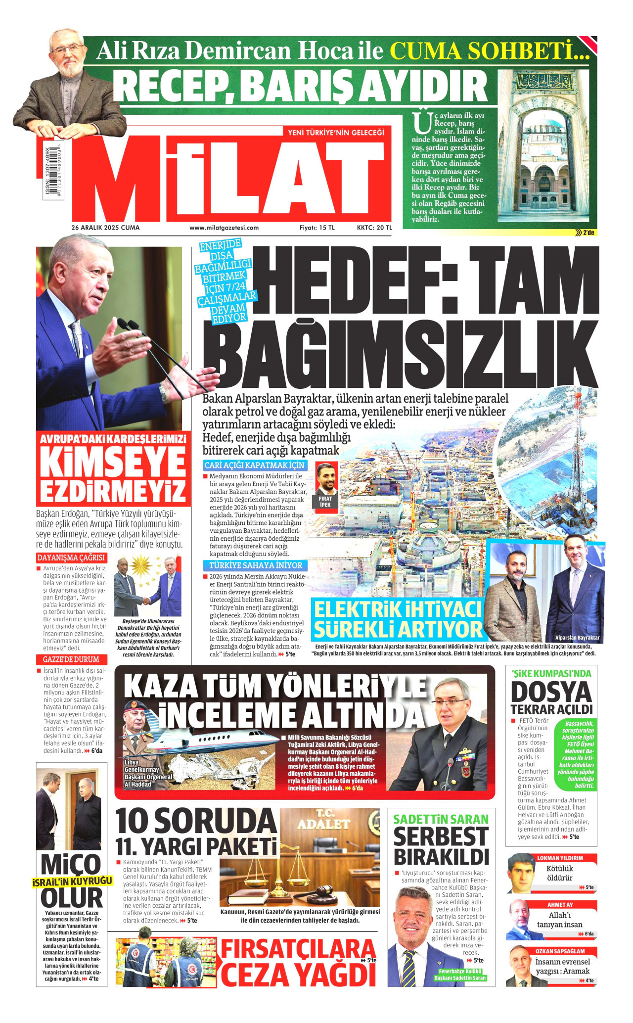 MİLAT gazetesinin 26 Aralık 2025 tarihli birinci sayfası